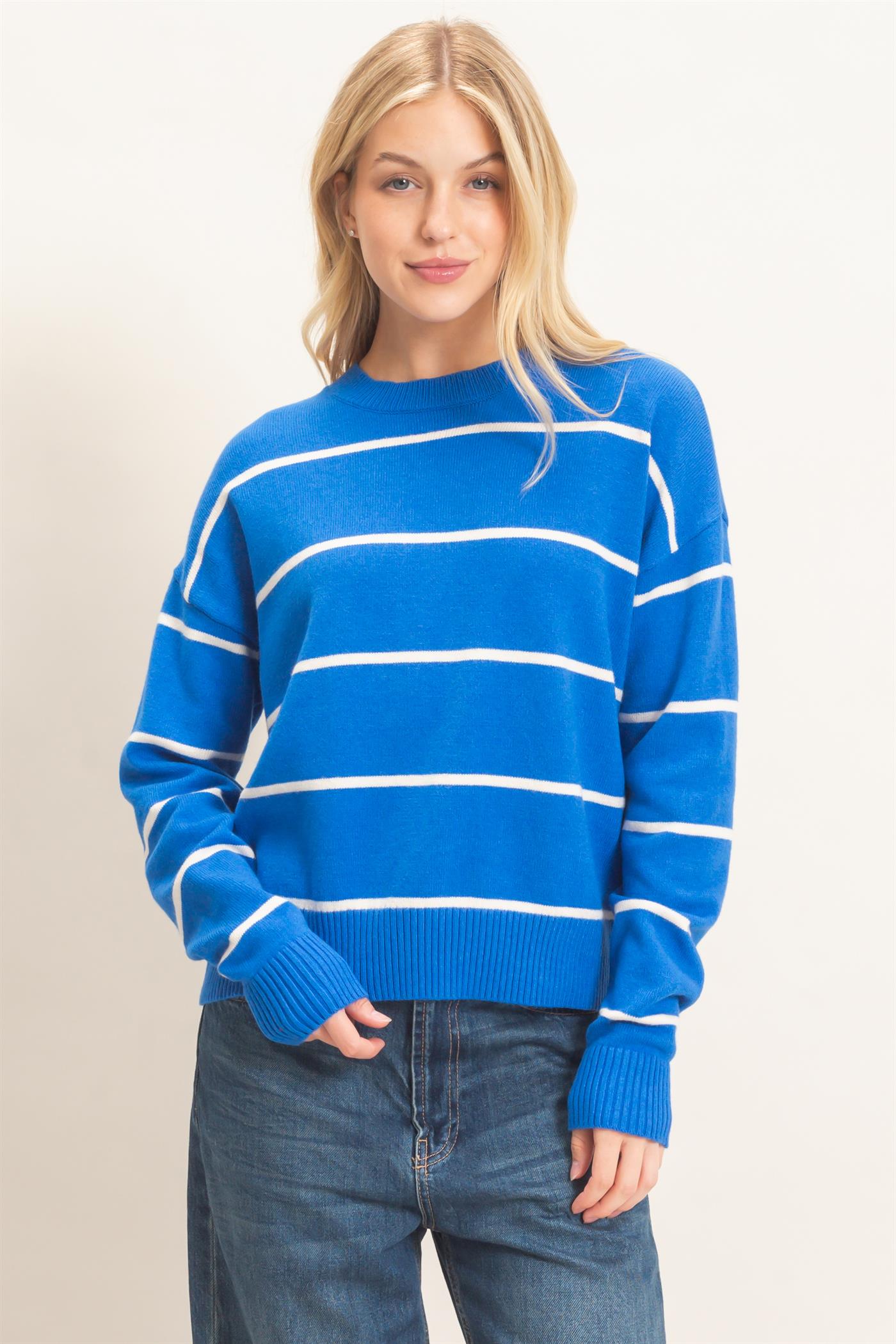 Wholesale Striped Ribbed Crew Neck Sweater Sweaters HF26F169 BLUE HYFVE