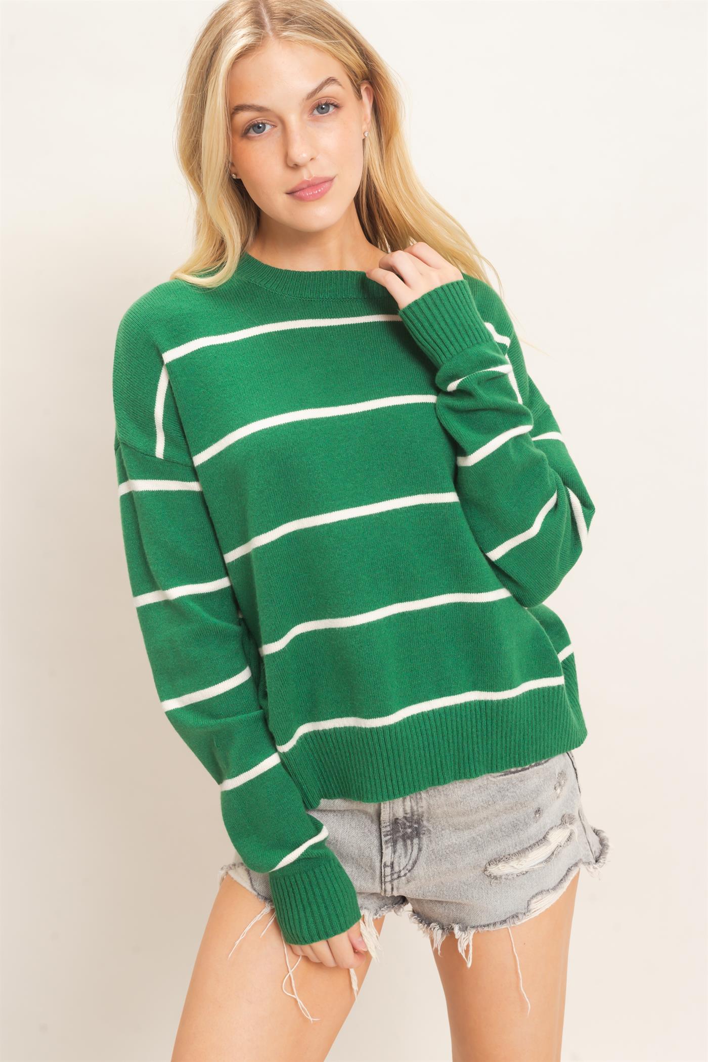 Wholesale Striped Ribbed Crew Neck Sweater Sweaters HF26F169 GREEN HYFVE
