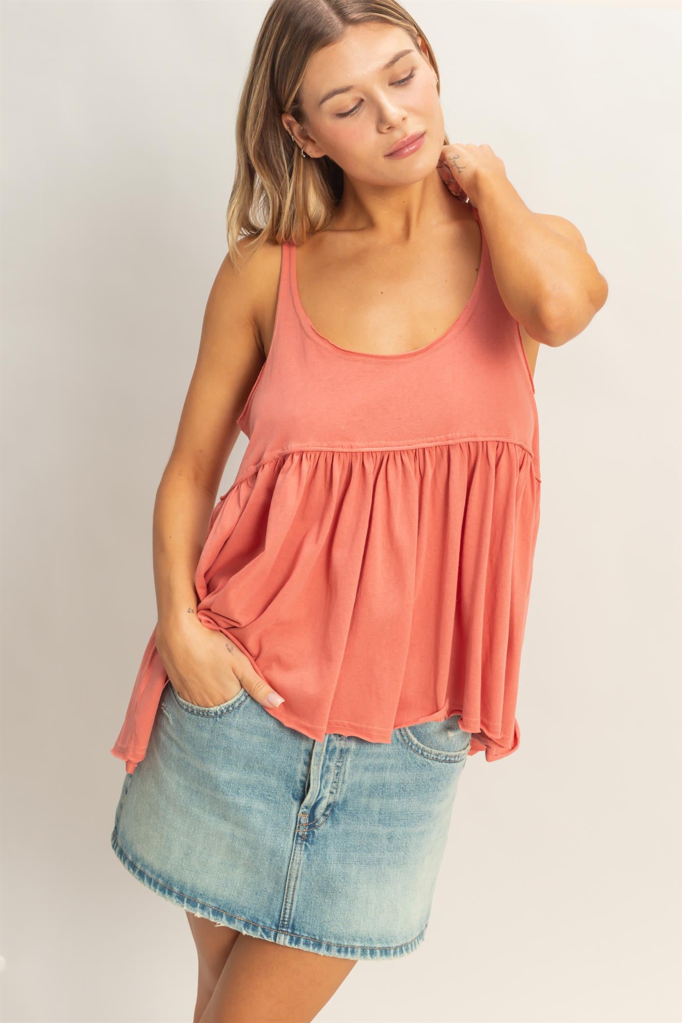 Wholesale Scoop Neck Babydoll Top Tank Tops HF26A376 TOMATO HYFVE