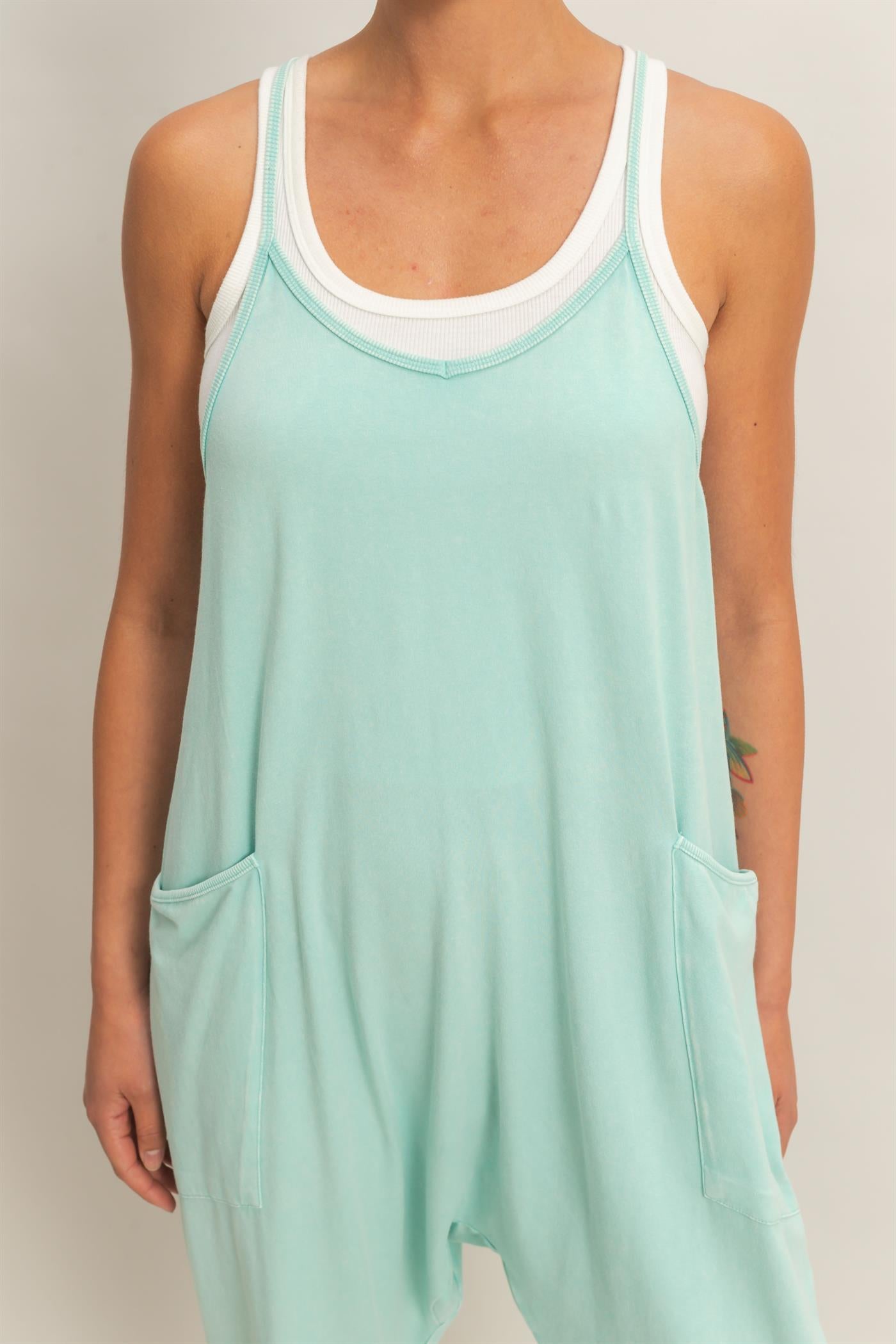 Wholesale Mineral Wash Spaghetti Strap Jumpsuit Clothing DZ26C375 TURQUOISE DOUBLE ZERO