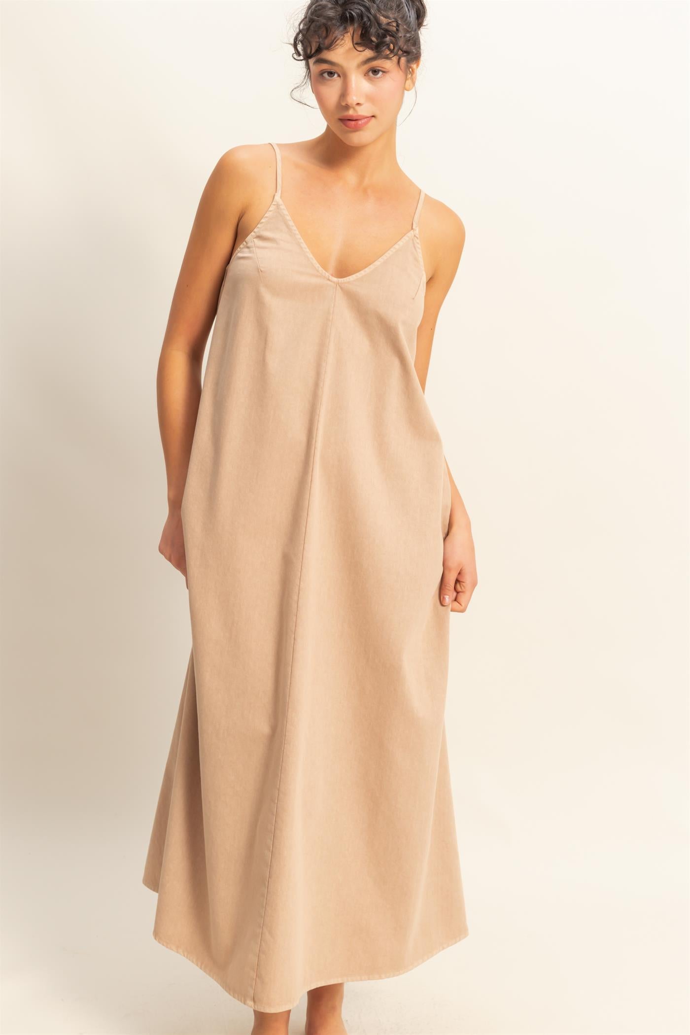 Wholesale Dyed V-Neck Loose Maxi Dress Dresses DZ24C964 DARK TAUPE DOUBLE ZERO