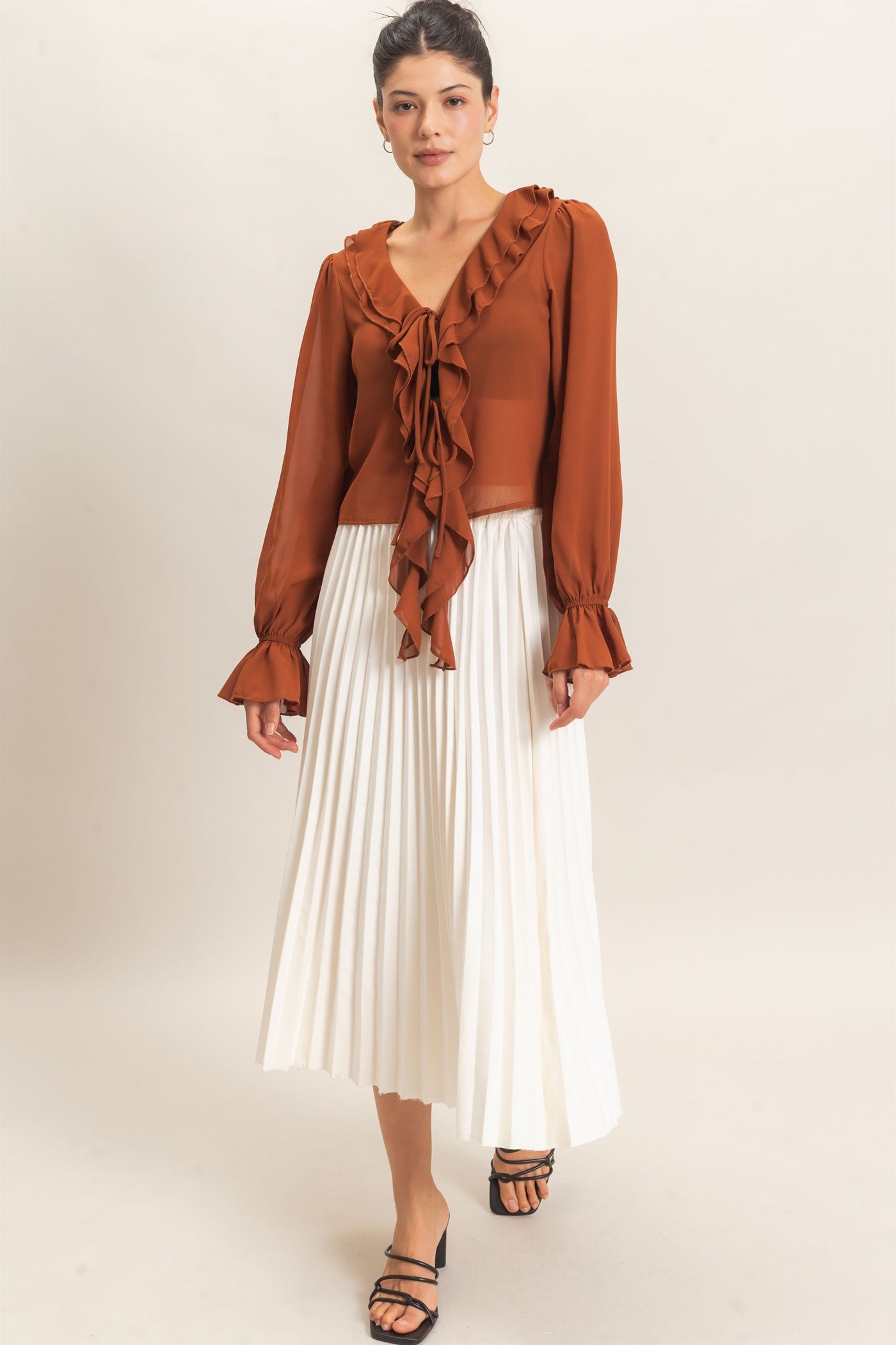 Wholesale Ruffled V-Neck Blouse Blouses HF26F066 CAMEL HYFVE