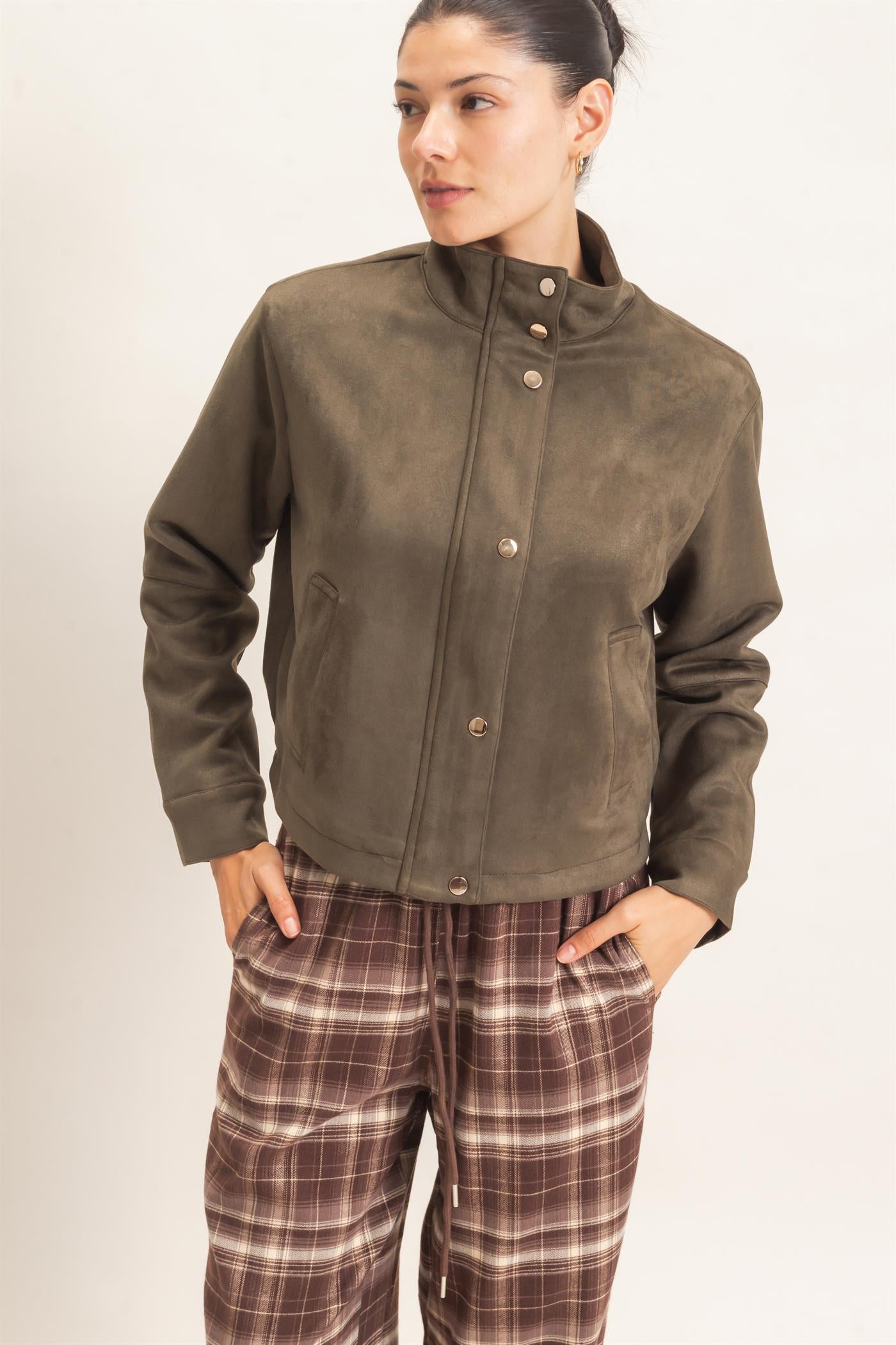 Wholesale Collar Suede Snap Jacket Coats & Jackets HF26E373 OLIVE HYFVE