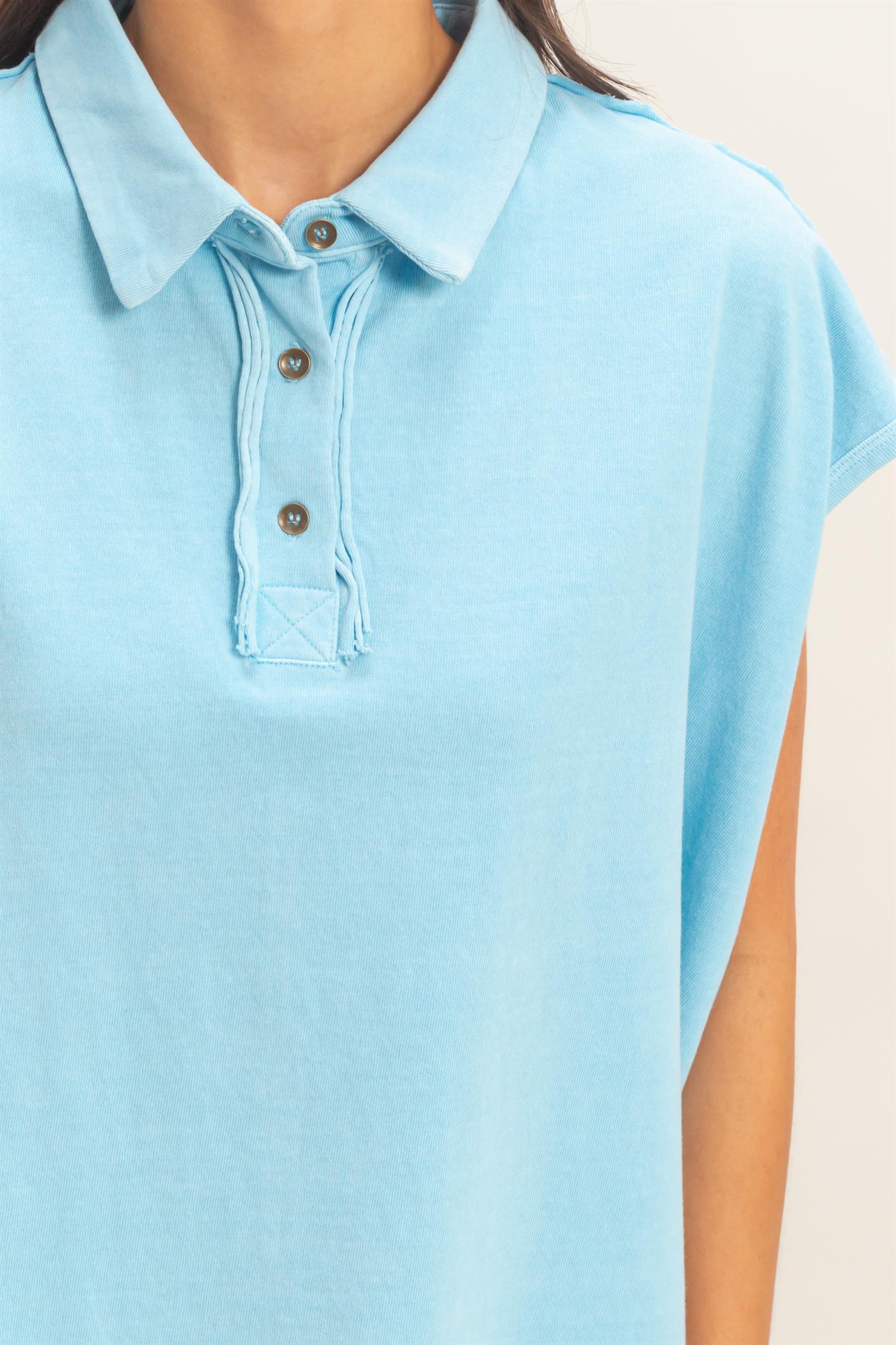 Wholesale Pigment Dye Sleeveless Polo Oversized Top Clothing Tops DZ26C618 BLUE DOUBLE ZERO