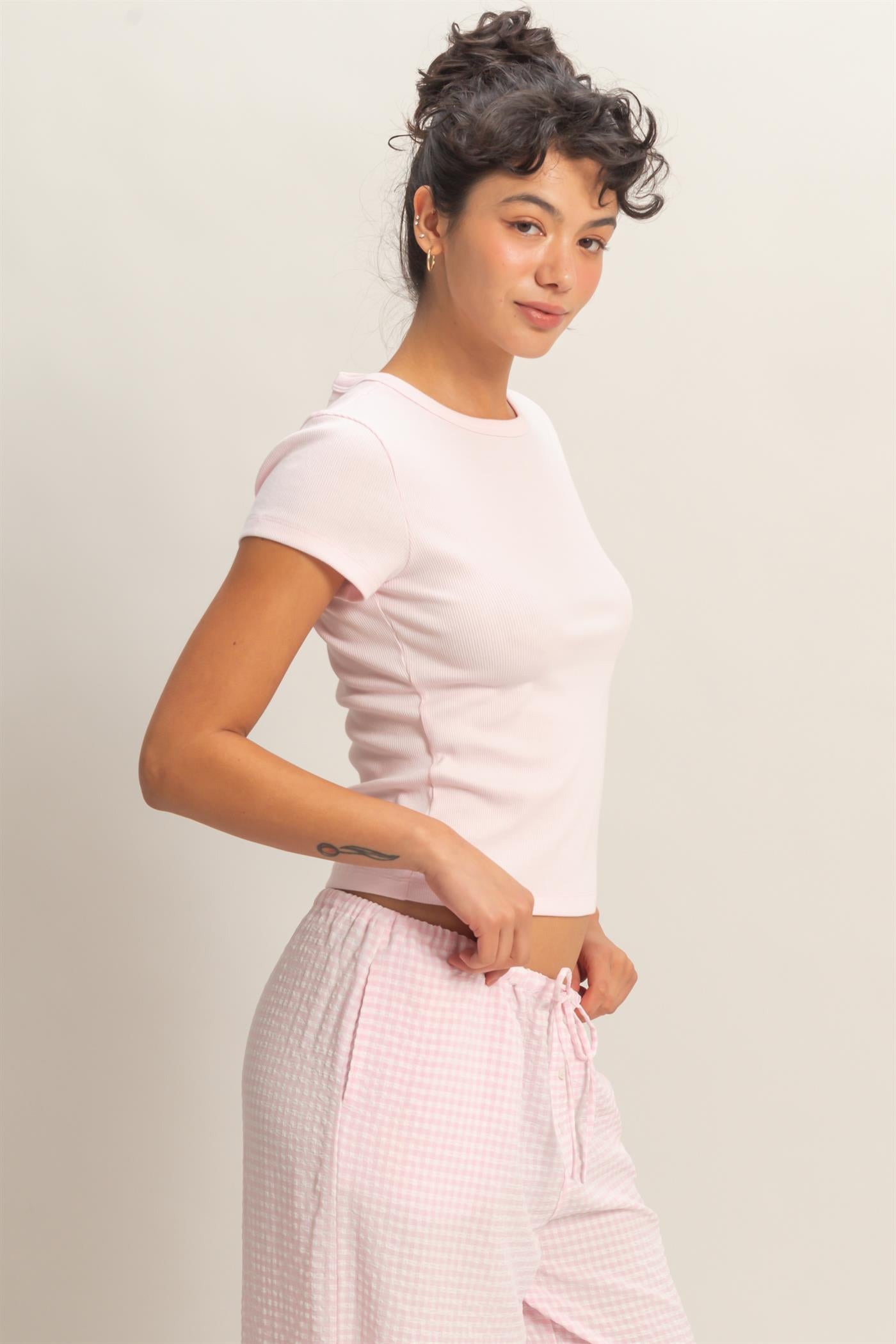 Wholesale Basic Ribbed Short Sleeve Top Clothing Tops DZ26A137 SOFT PINK DOUBLE ZERO