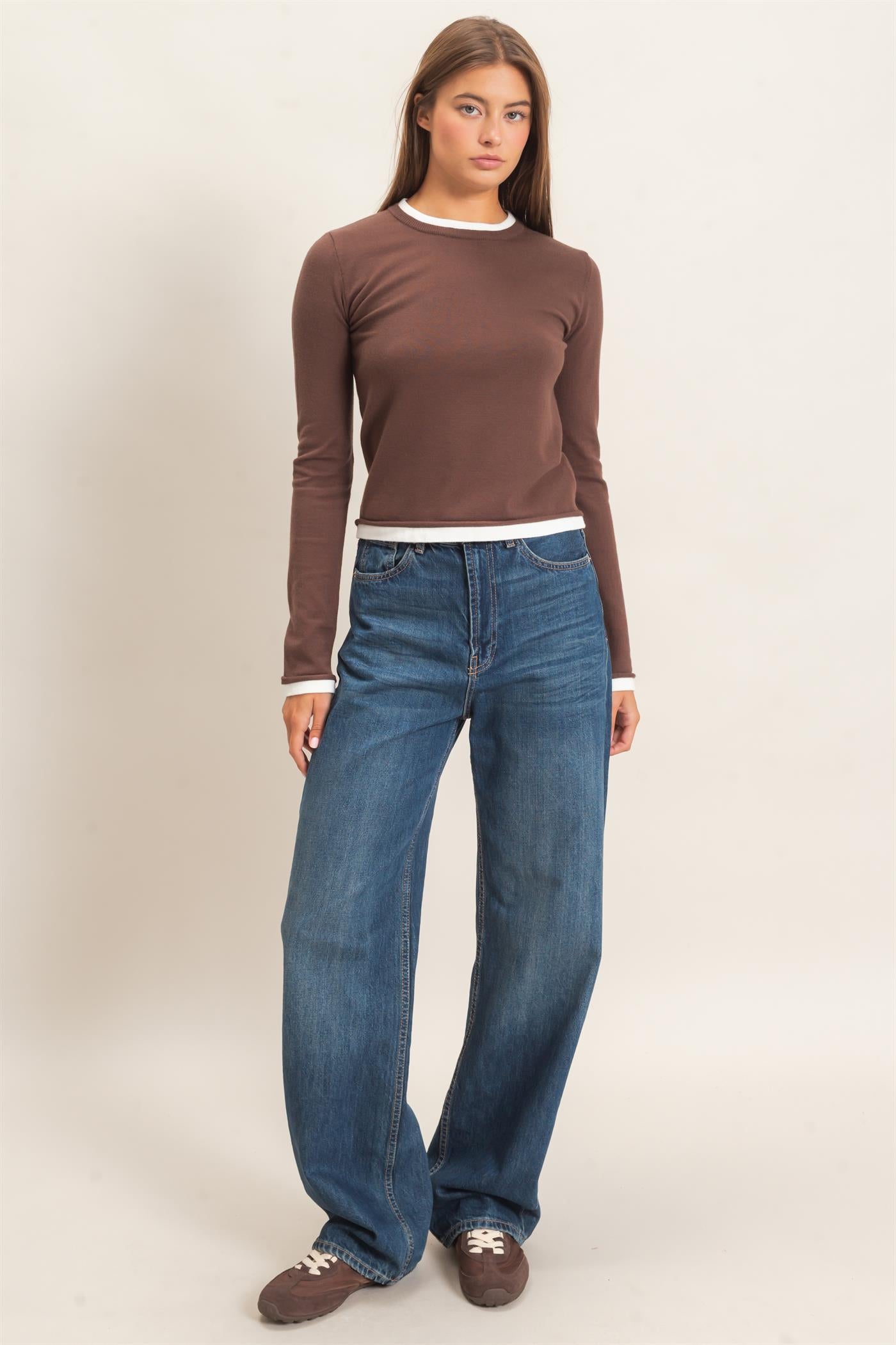 Wholesale Layer Effect Long Sleeve Knit Top Clothing Tops DZ26F394 DARK BROWN DOUBLE ZERO