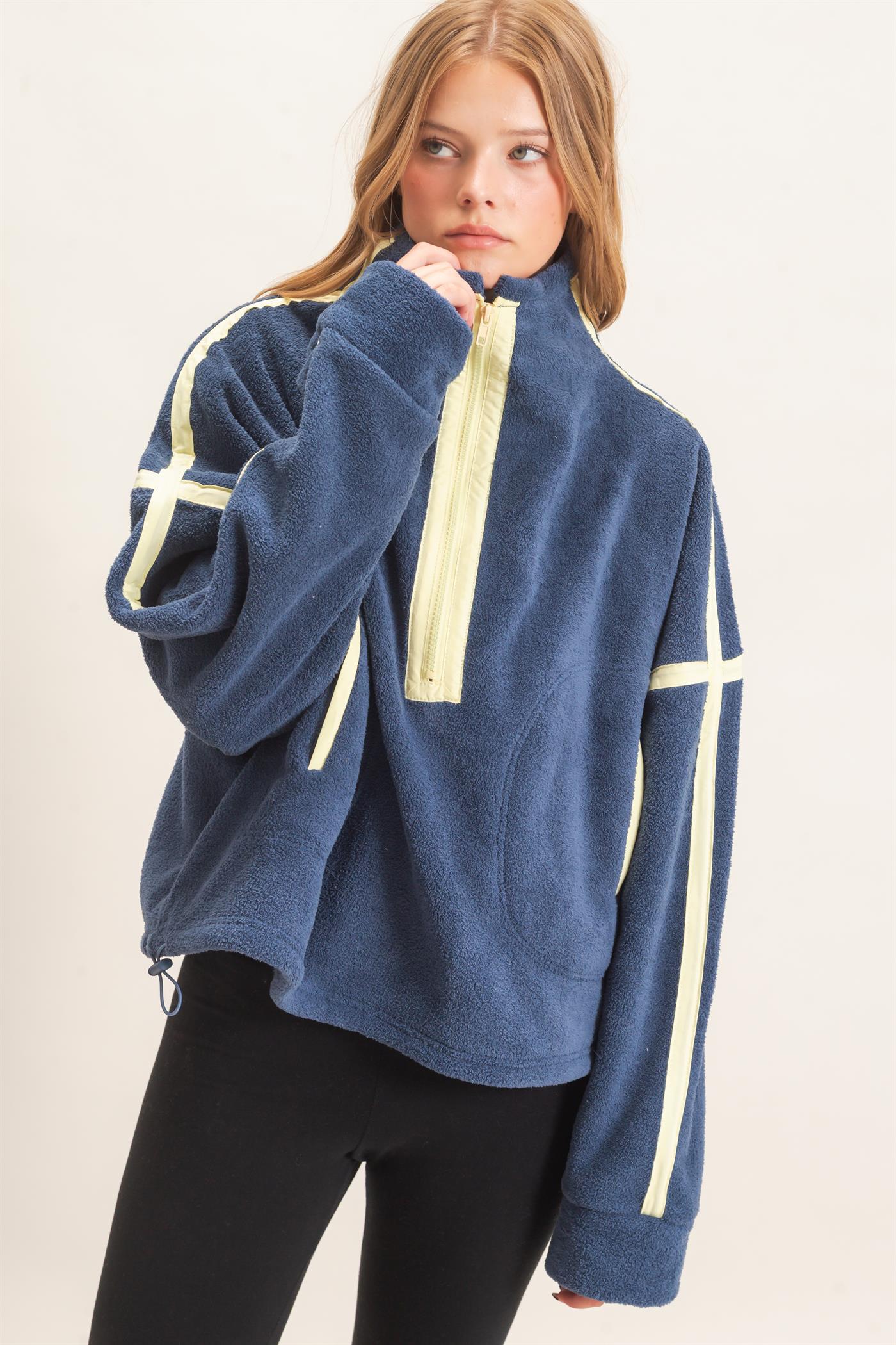 Wholesale Contrast Trim Half-Zip Fleece Pullover Outerwear HF26F206-D NAVY HYFVE