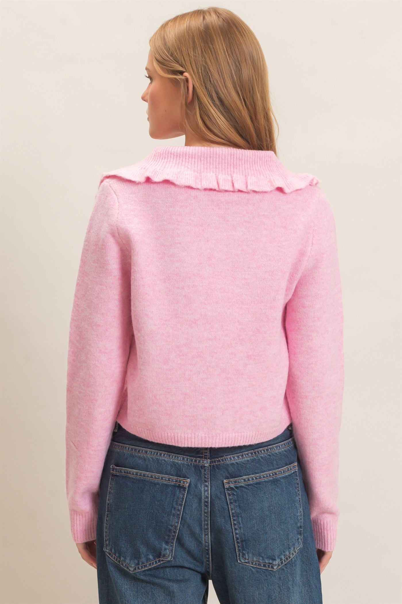 Wholesale Ruffled Collar Knit Cardigan Cardigans HF26E162-D PINK HYFVE