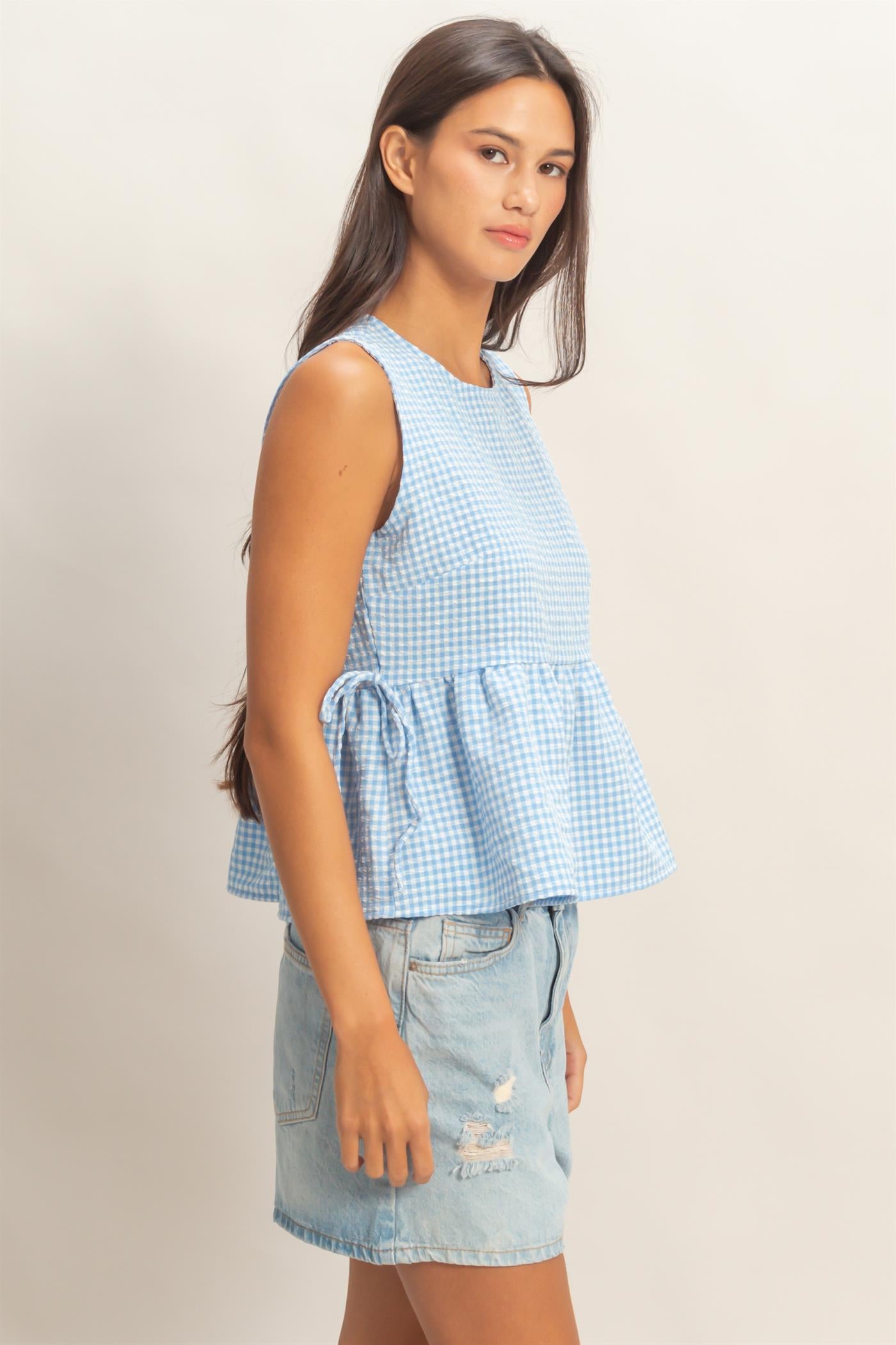 Wholesale Gingham Sleeveless Peplum Top With Side Ties Blouses DZ26C073 BLUE HYFVE