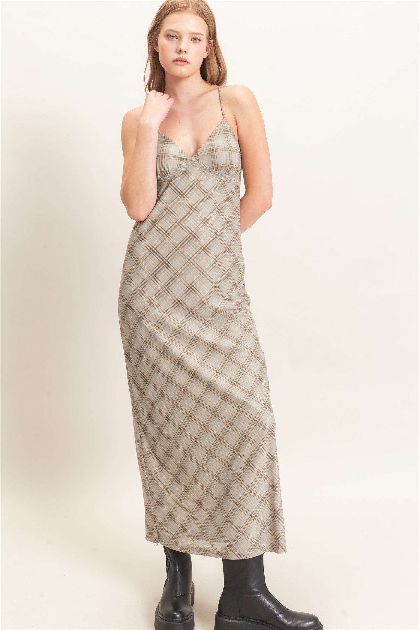 Wholesale Plaid Spaghetti Strap Midi Dress Dresses HF26E709 SAGE HYFVE