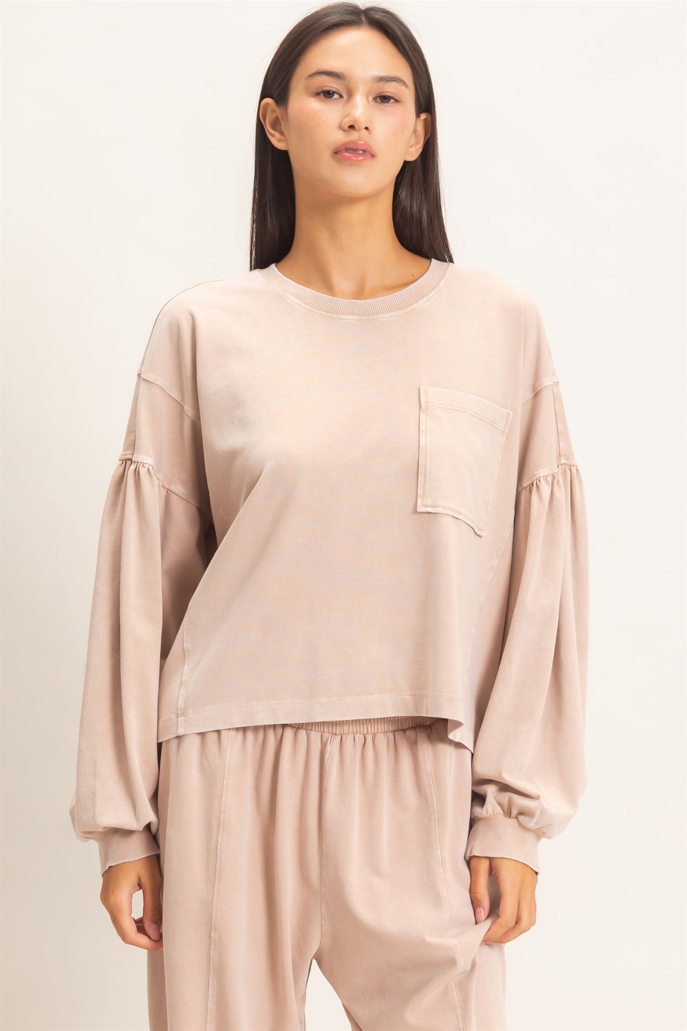 Wholesale Mineral Wash Puff Long Sleeve Boxy Top Clothing Tops DZ26F402 DARK TAUPE DOUBLE ZERO