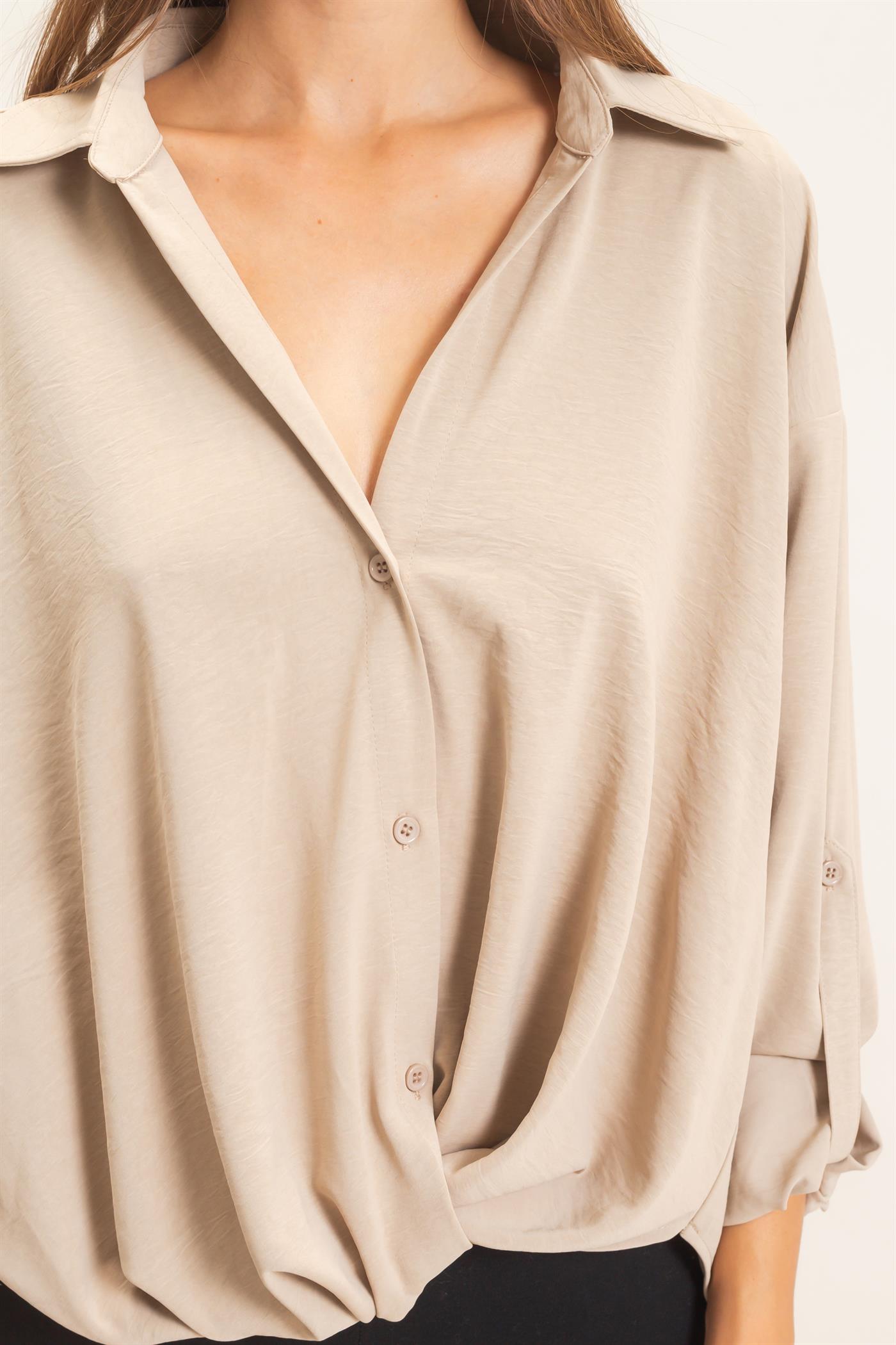 Wholesale Button-Up Dolman Sleeve Top Shirts HF26F070 BEIGE HYFVE