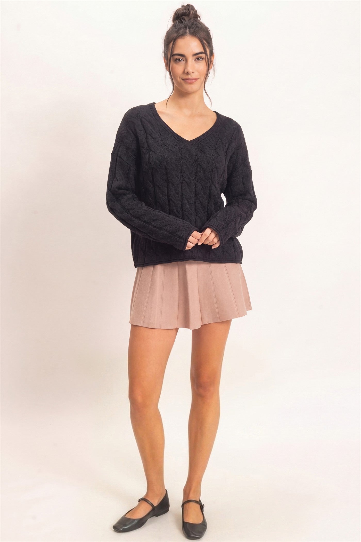 Wholesale Cable Knit V-Neck Sweater Sweaters DZ26E087 BLACK DOUBLE ZERO