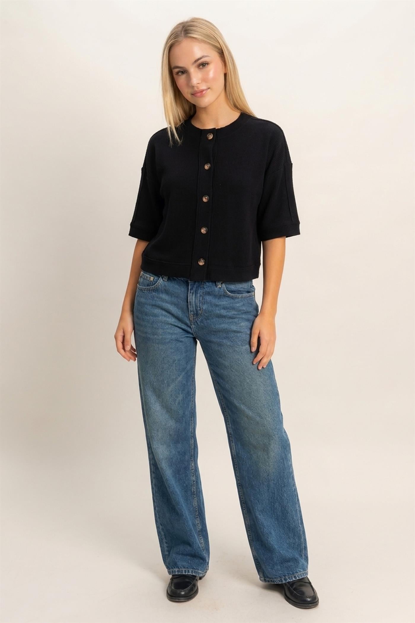 Wholesale Button-Down Short Sleeve Waffle Top Clothing Tops DZ26F244 BLACK DOUBLE ZERO