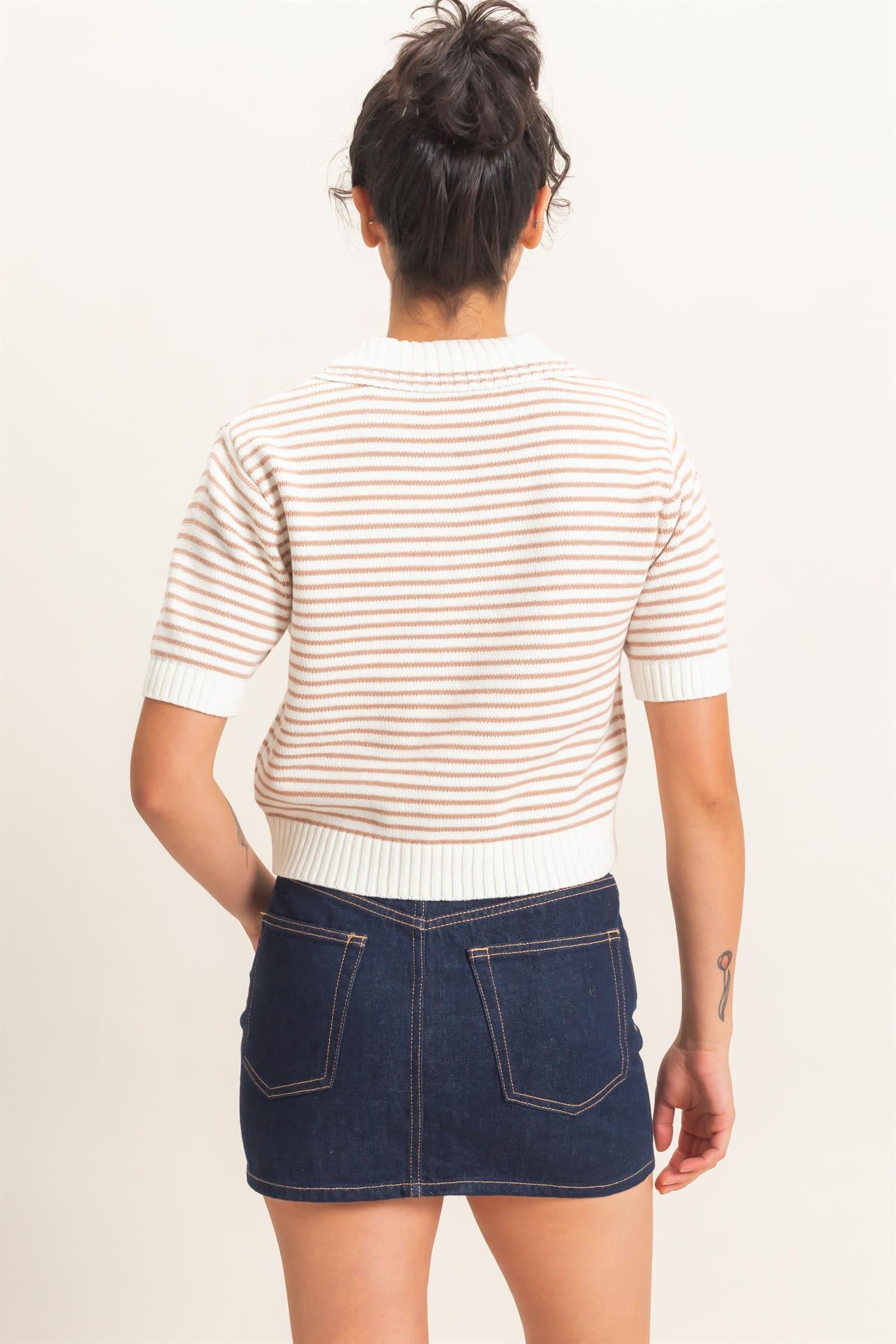 Wholesale Striped Short Sleeve Collar Knit Top Clothing Tops DZ26E261 DARK TAUPE DOUBLE ZERO