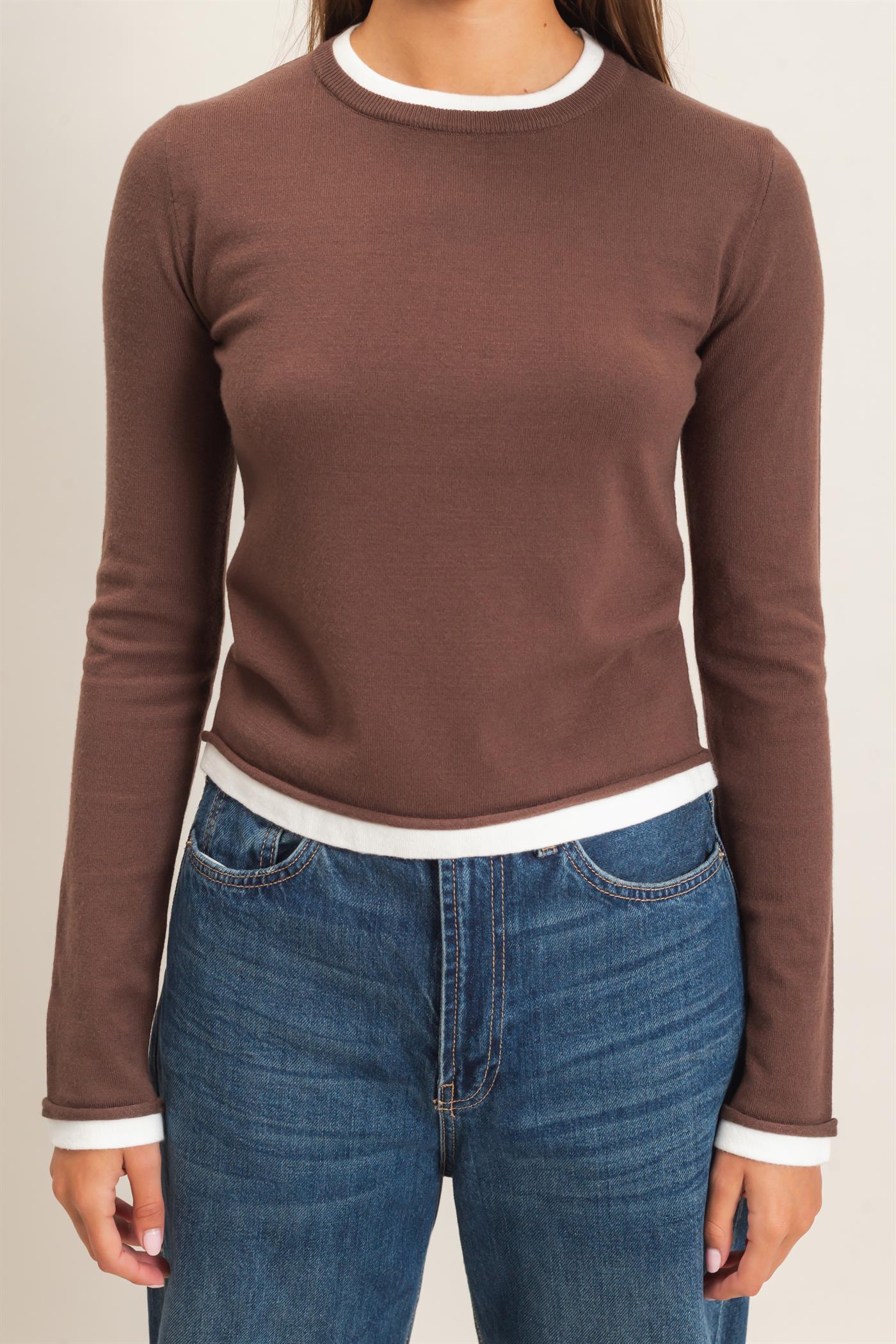 Wholesale Layer Effect Long Sleeve Knit Top Clothing Tops DZ26F394 DARK BROWN DOUBLE ZERO
