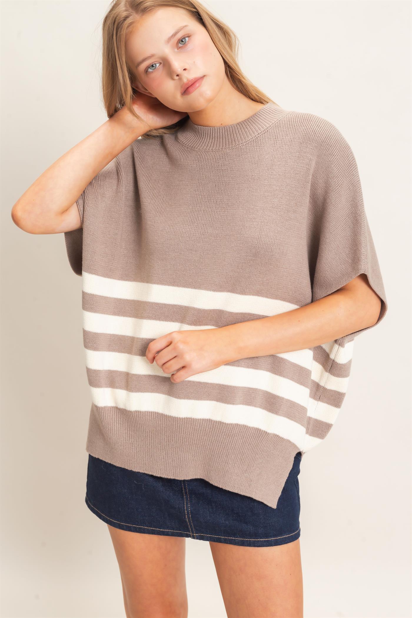 Wholesale Striped Ribbed Crew Neck Sweater Sweaters HF26E350-D LIGHT MOCHA HYFVE