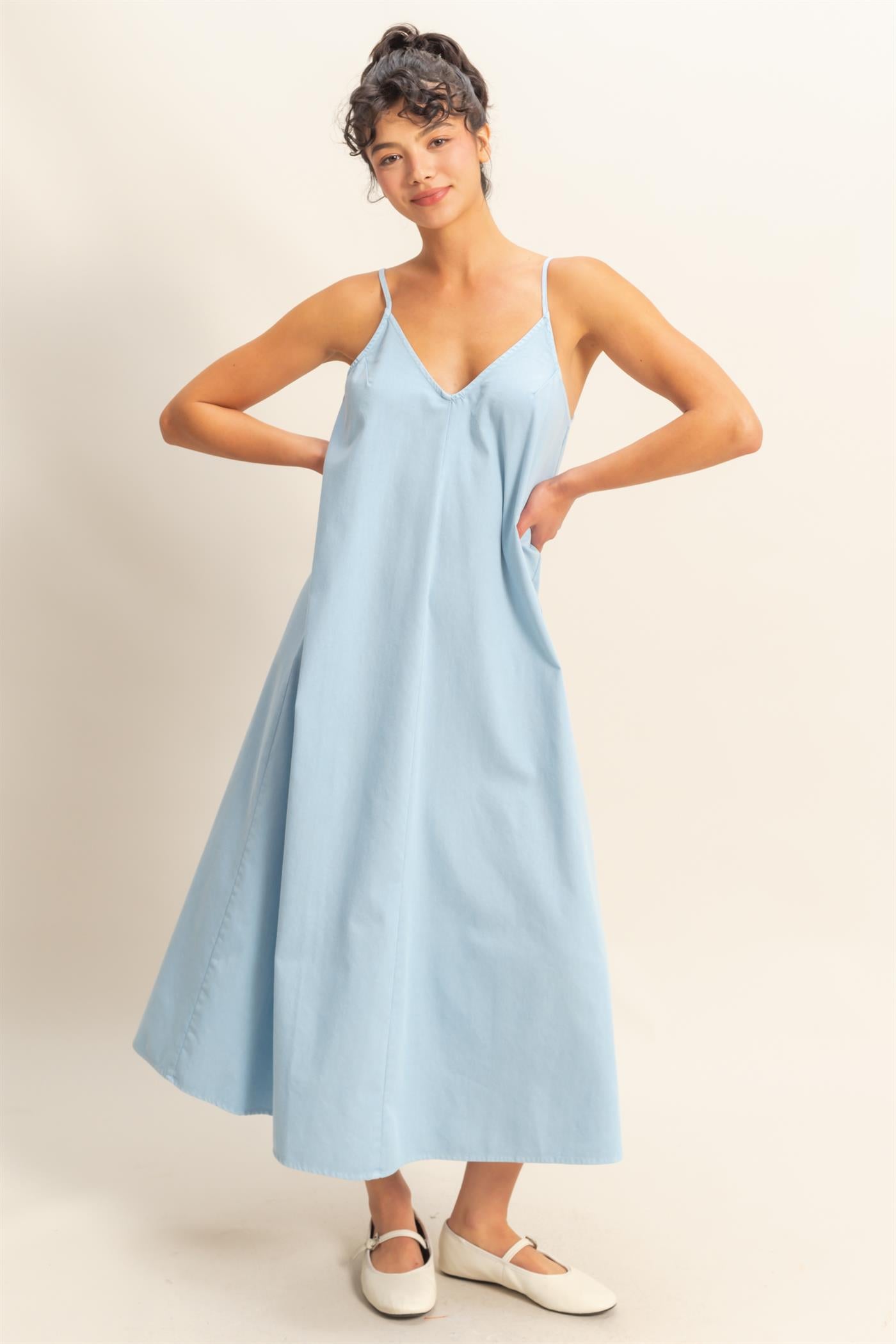 Wholesale Dyed V-Neck Loose Maxi Dress Dresses DZ24C964 BABY BLUE DOUBLE ZERO