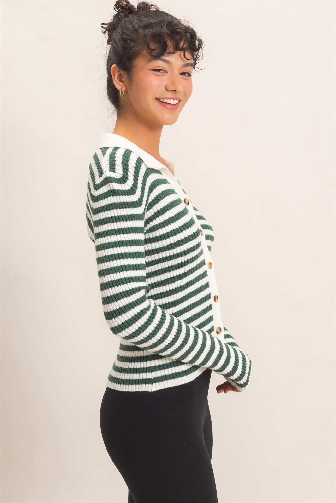 Wholesale Ribbed Striped Polo Knit Top Clothing Tops DZ26E099 DARK GREEN DOUBLE ZERO