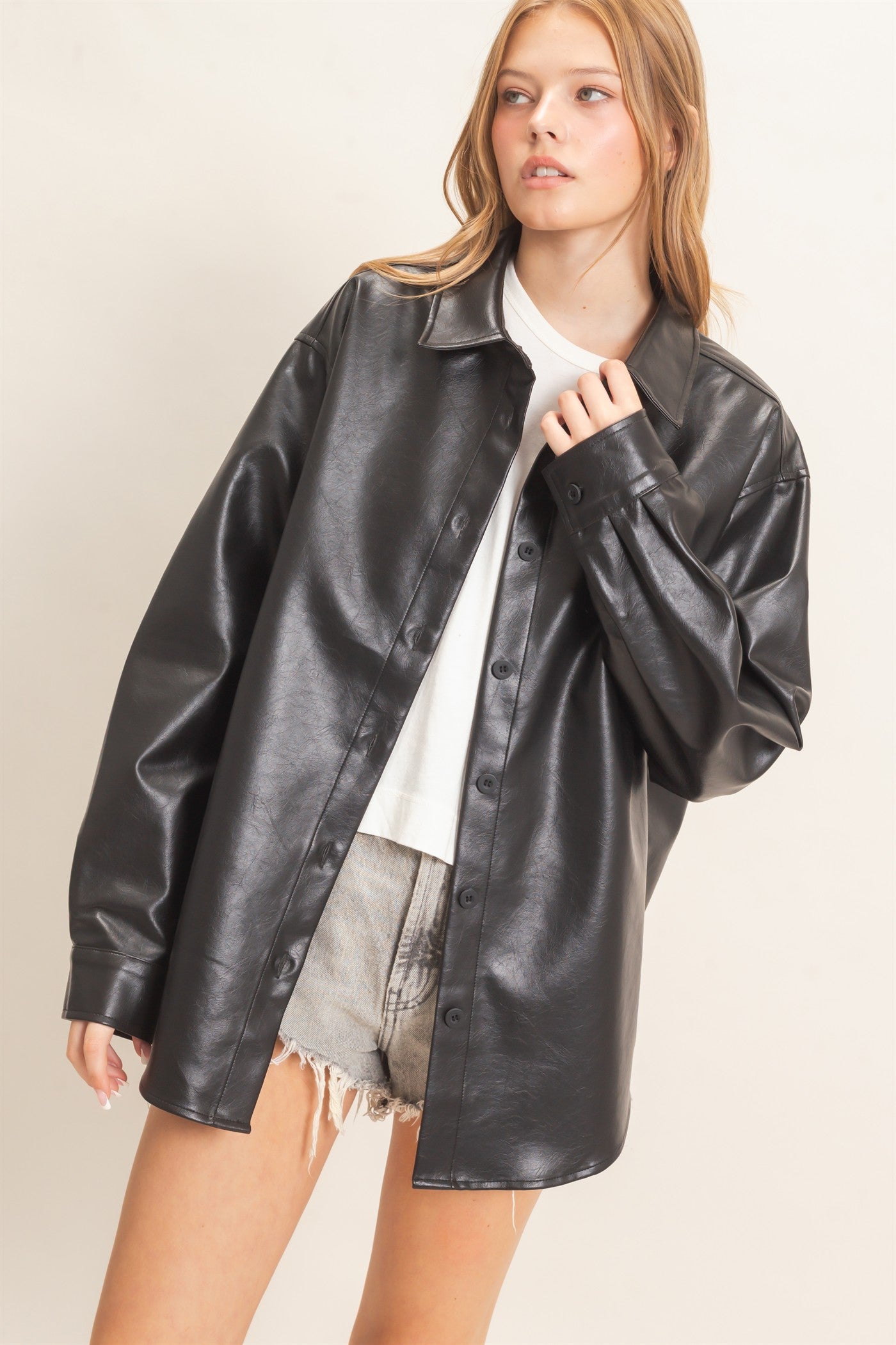 Wholesale Faux Leather Button-Down Shirt Clothing Tops HF26E236 BLACK HYFVE