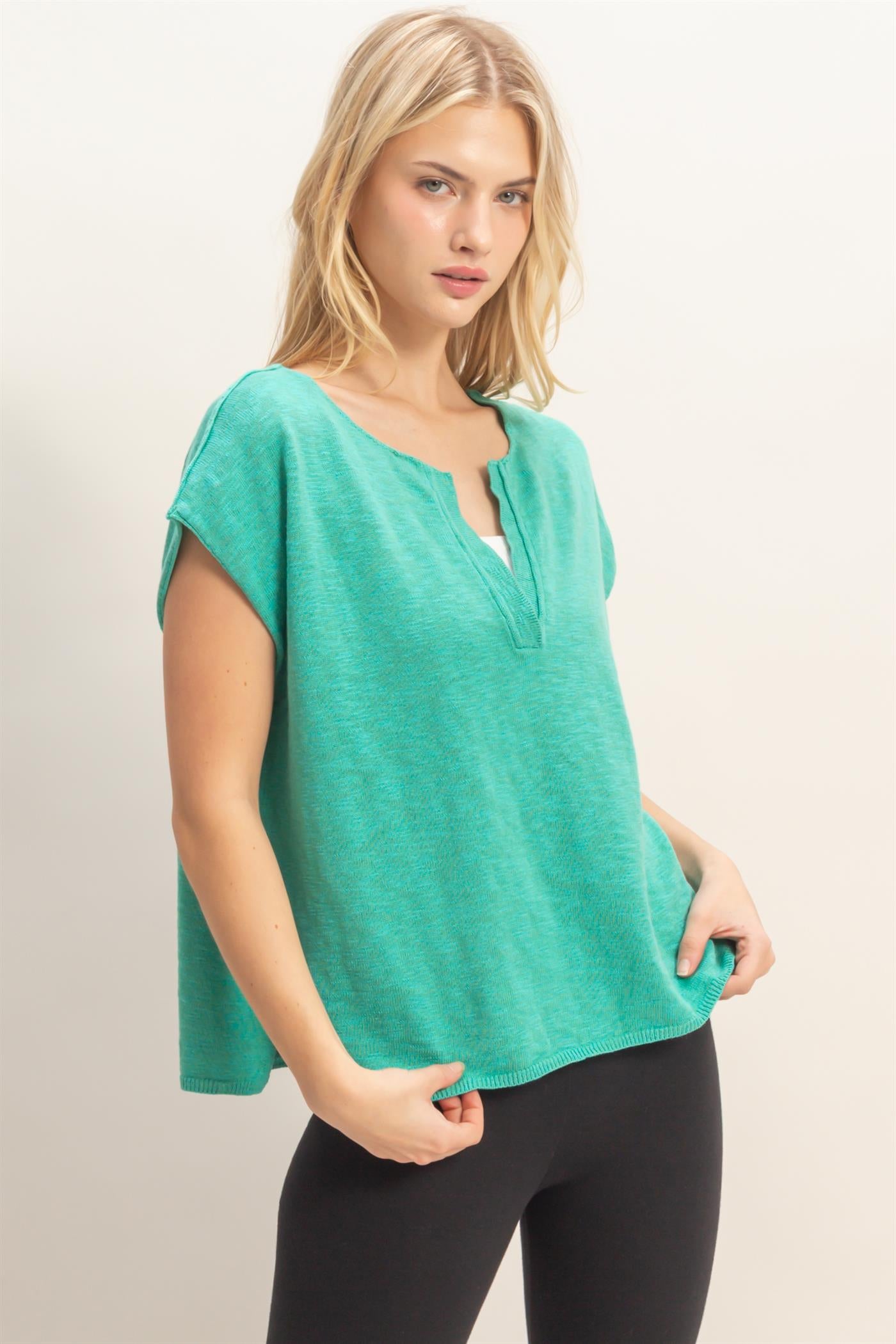 Wholesale Notched V-Neck Oversized Top Sweaters HF26A235 EMERALD HYFVE