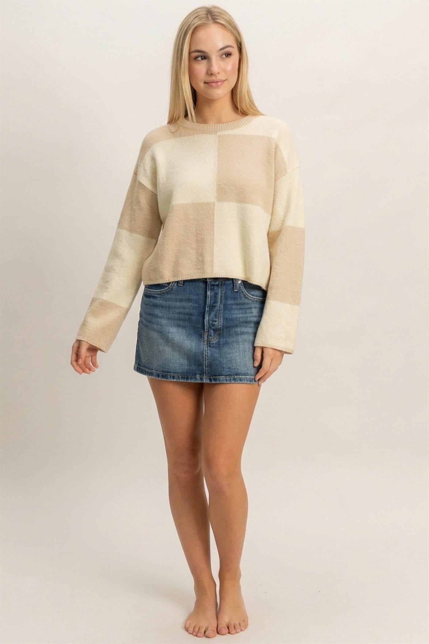 Wholesale Crew Neck Checkered Sweater Sweaters DZ26C980 BEIGE DOUBLE ZERO