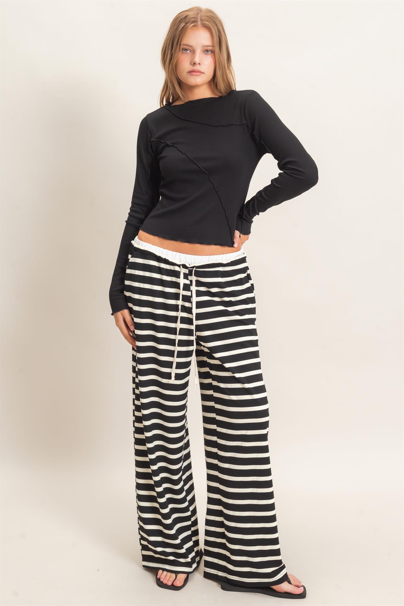 Wholesale Striped Wide-Leg Pants Pants HF26F229-D BLACK/ CREAM HYFVE