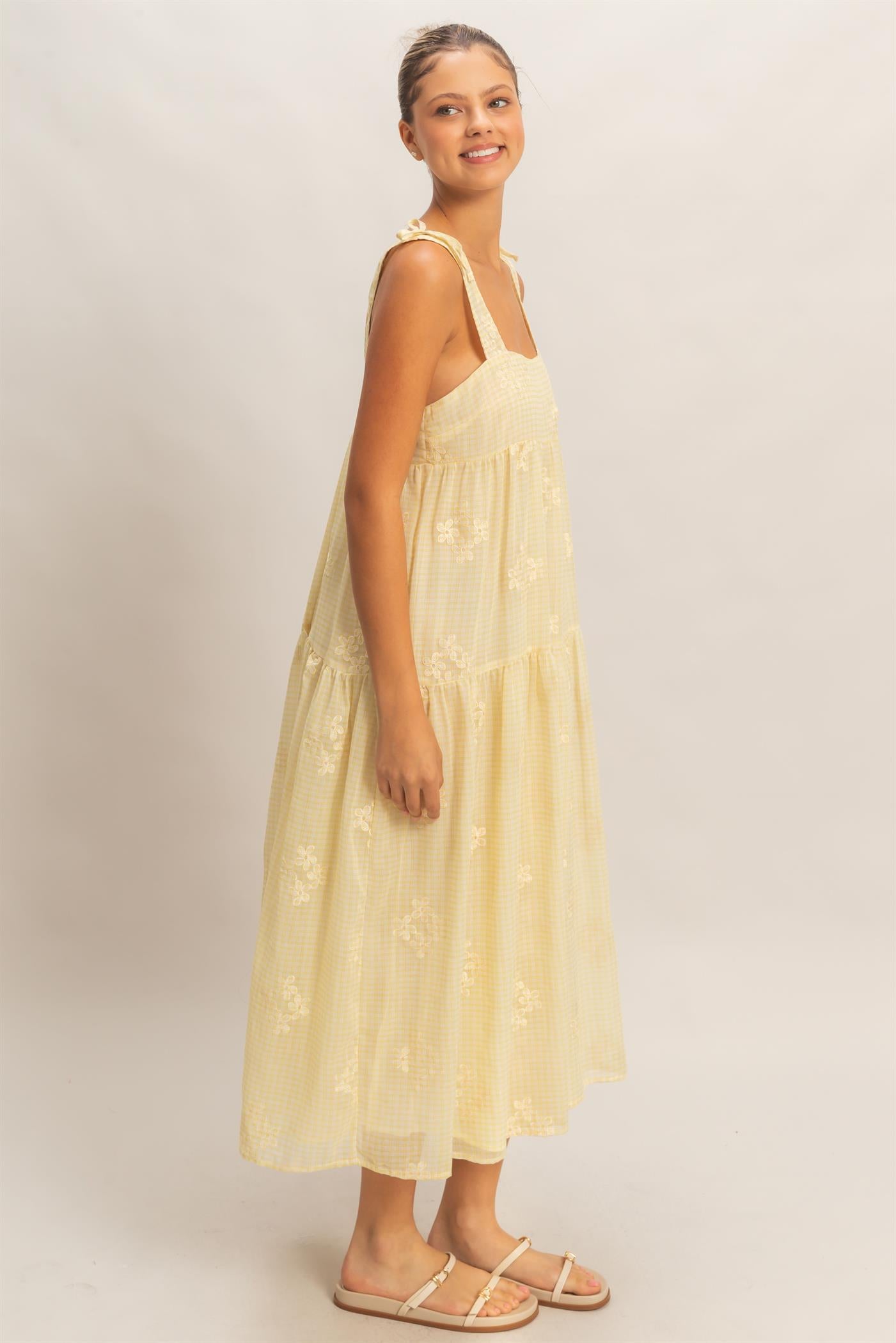 Wholesale Tiered Gingham Dress With Embroidery Dresses HF26A695 YELLOW HYFVE