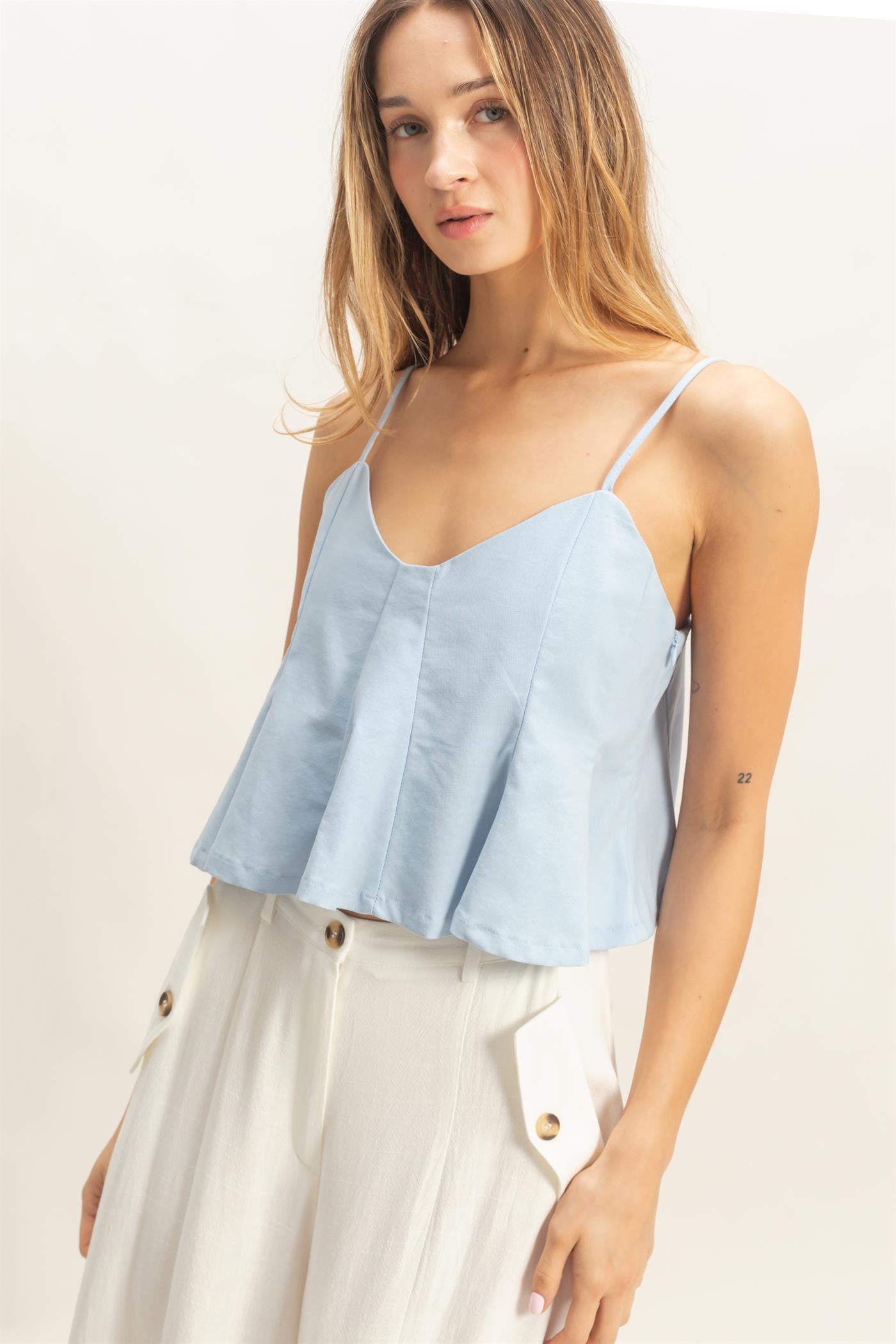 Wholesale Spaghetti Strap Peplum Top Blouses HF26A613 LIGHT BLUE HYFVE