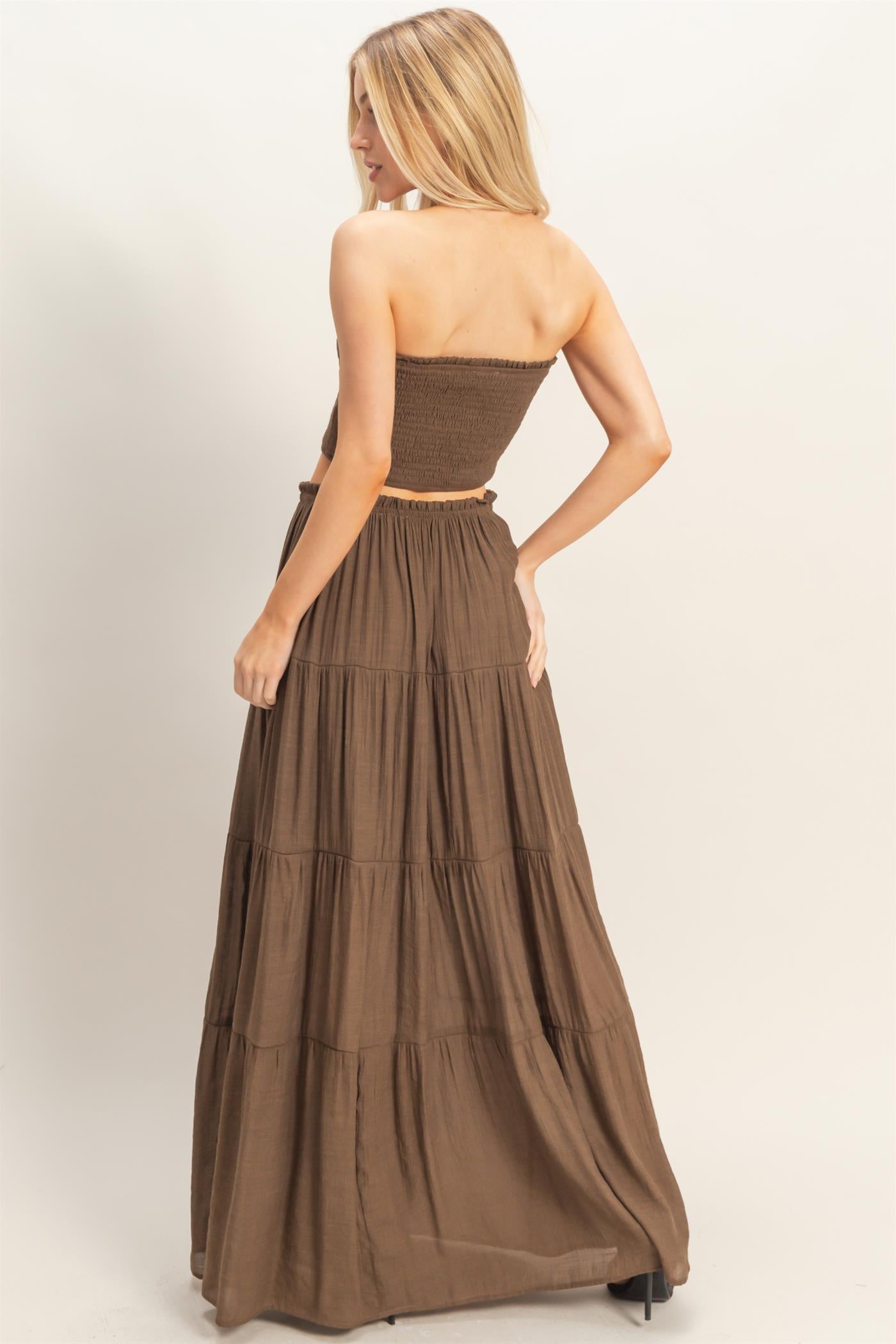Wholesale Smocked Tube Top & Tiered Skirt Set Clothing HF26C289-SET-D CHOCOLATE HYFVE