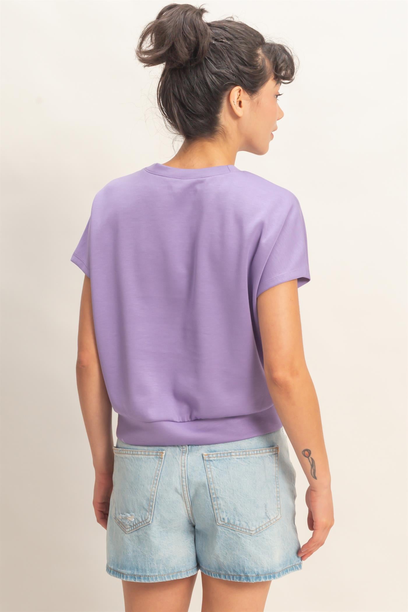Wholesale Crew Neck Short Dolman Sleeve Top Clothing Tops DZ26C205 DUSTY PURPLE DOUBLE ZERO