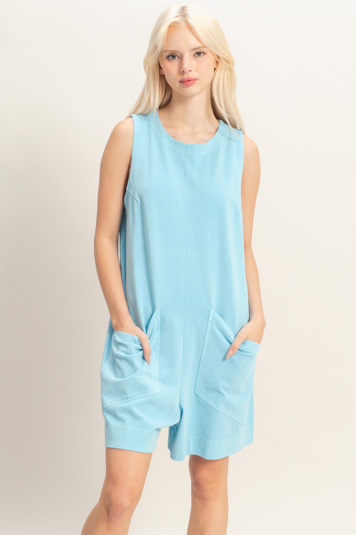 Wholesale Pocket Detail Sleeveless Romper Clothing DZ26A327 BLUE DOUBLE ZERO