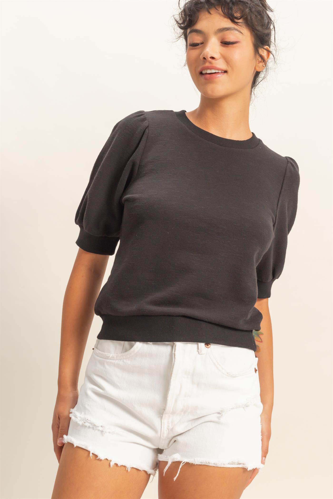 Wholesale Puff Short Sleeve Crew Neck Top Clothing Tops DZ26A927 BLACK DOUBLE ZERO