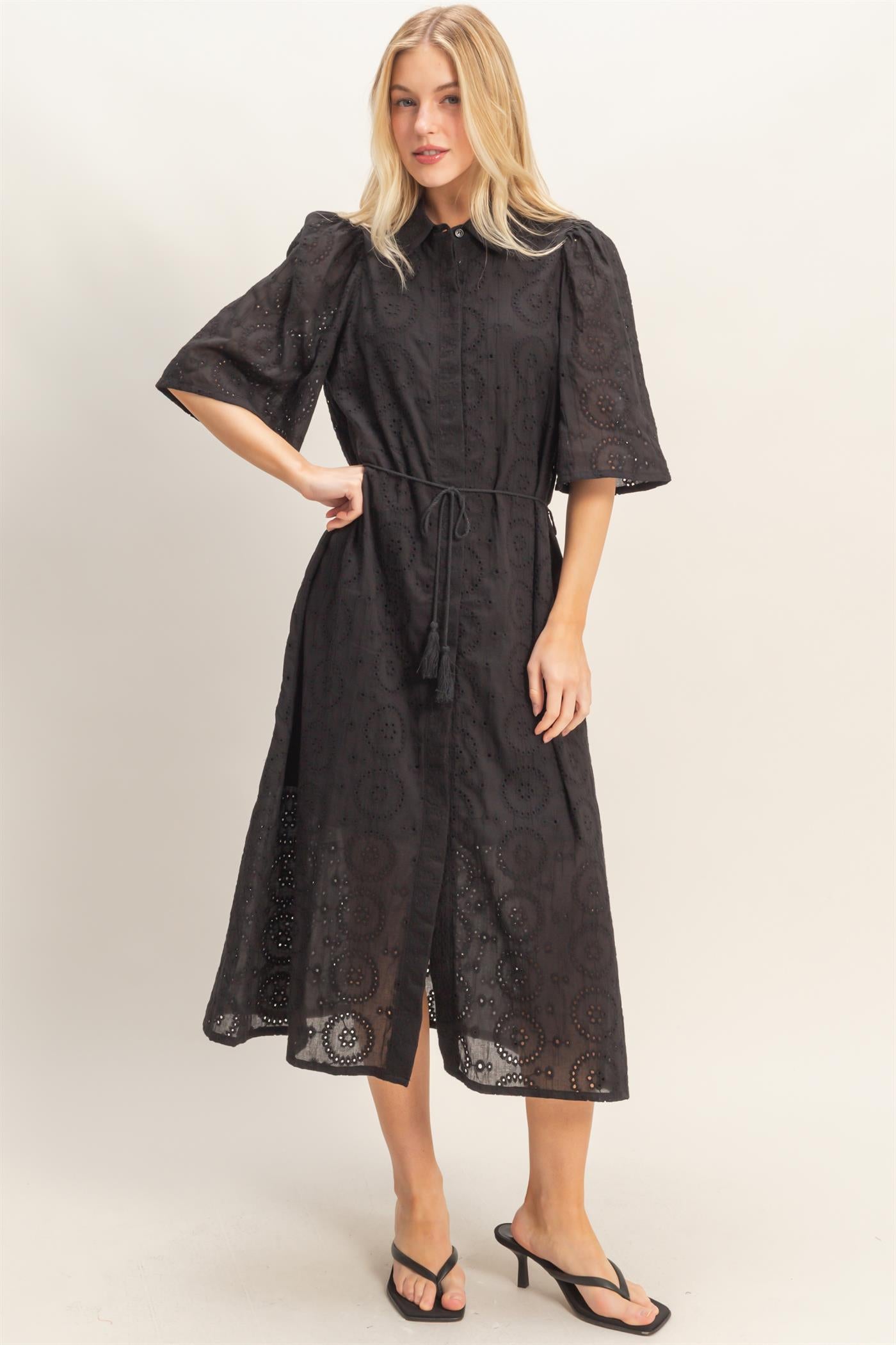 Wholesale Eyelet Collared Midi Dress Dresses HF26A021 BLACK HYFVE