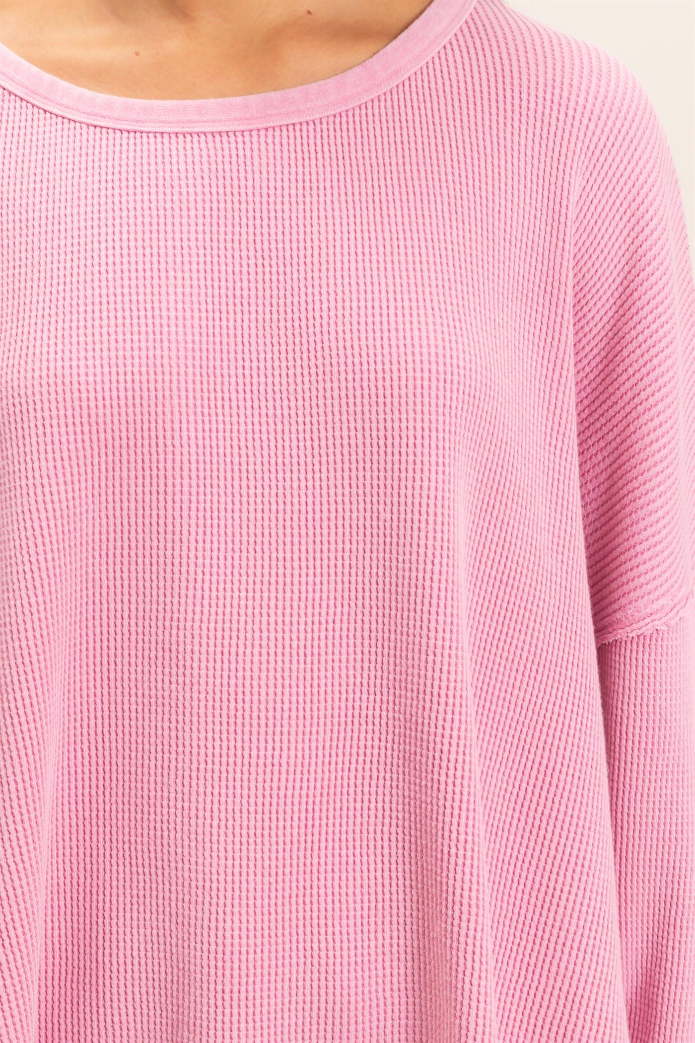 Wholesale Mineral Wash Waffle Oversized Top Clothing Tops DZ26E248 PINK DOUBLE ZERO