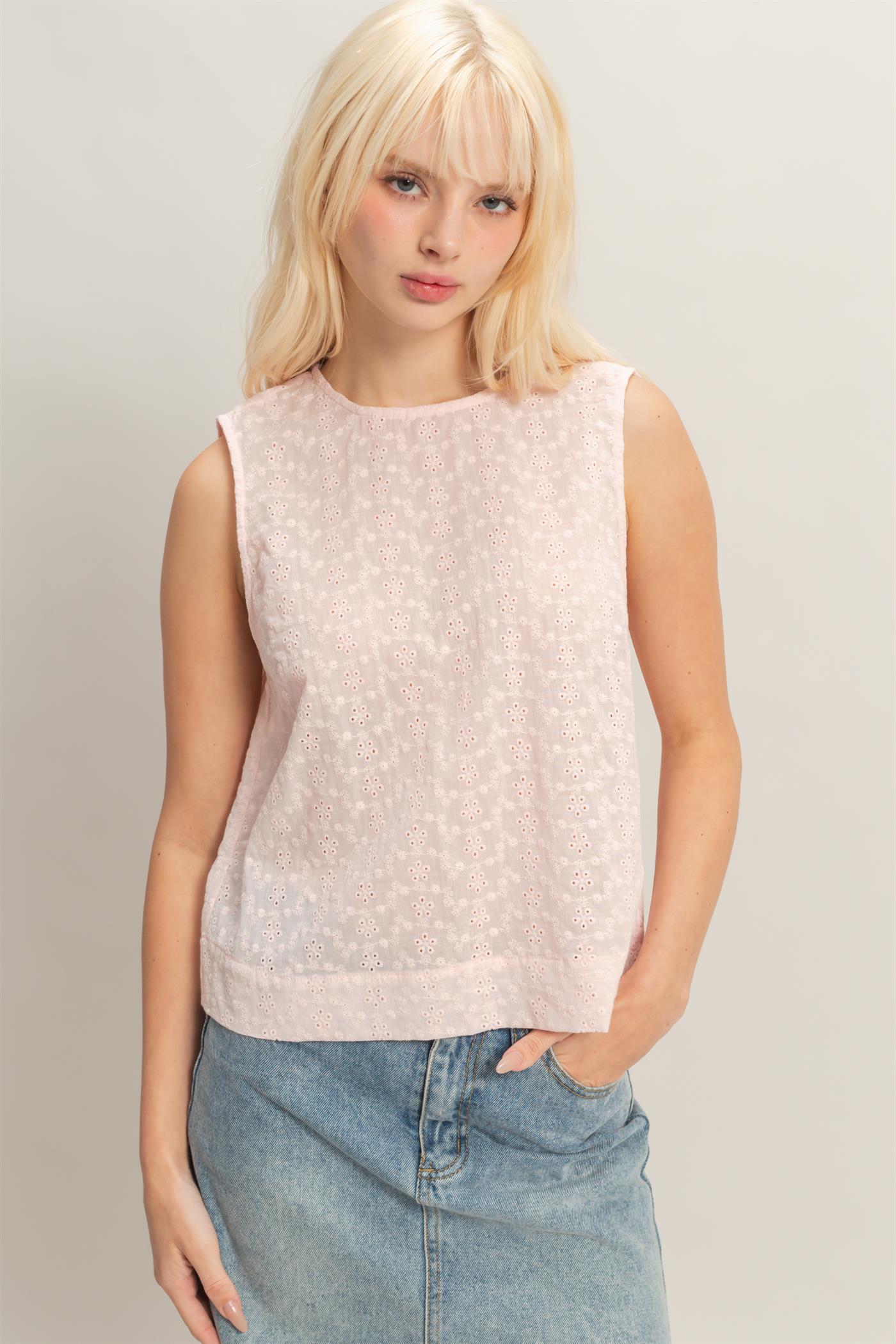 Wholesale Eyelet Sleeveless Top With Back Buttons Clothing Tops DZ26C541 SOFT PINK DOUBLE ZERO