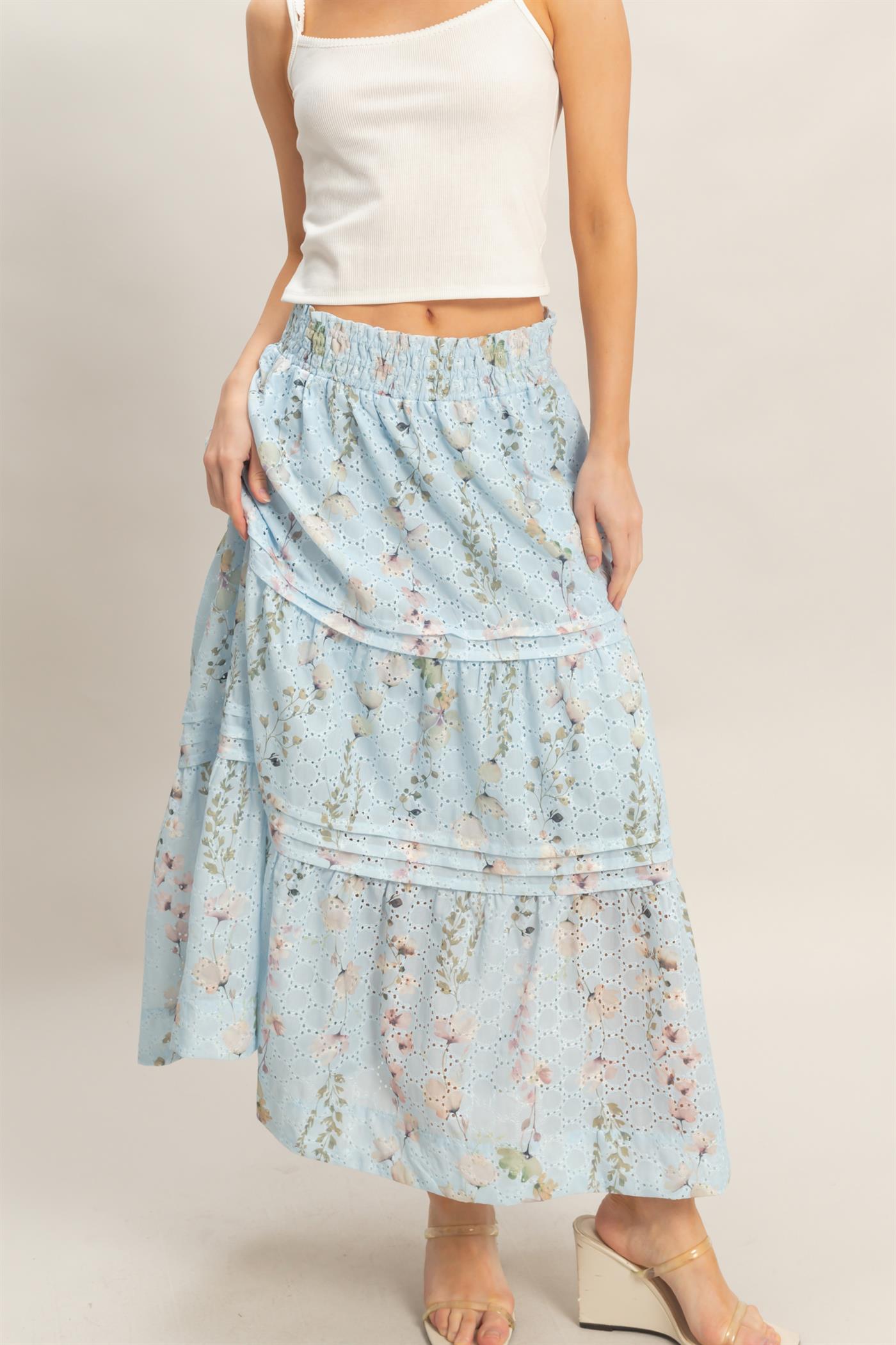 Wholesale Floral Smocked Waist Skirt Skirts HF26A361-D BLUE HYFVE