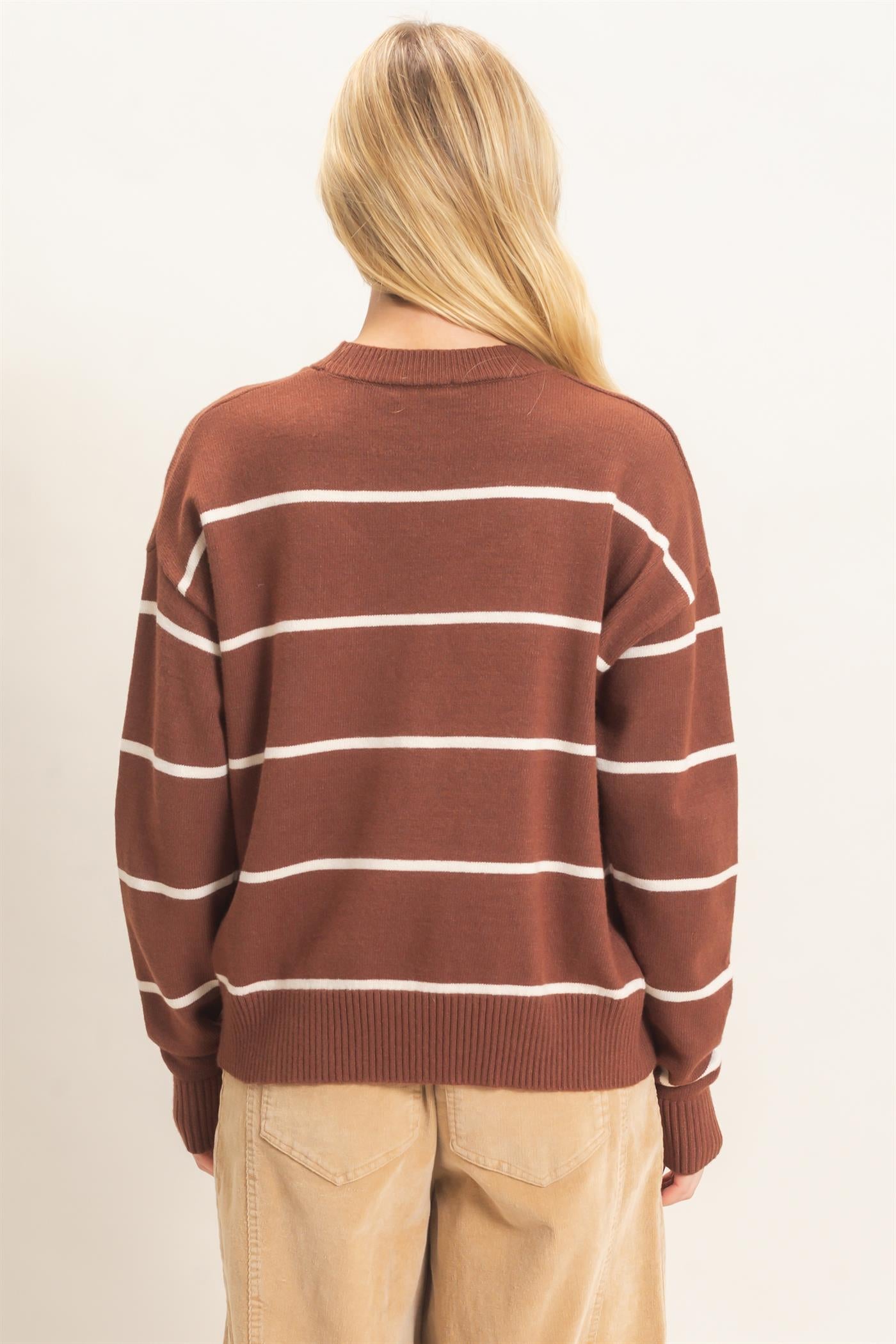 Wholesale Striped Ribbed Crew Neck Sweater Sweaters HF26F169 BROWN HYFVE