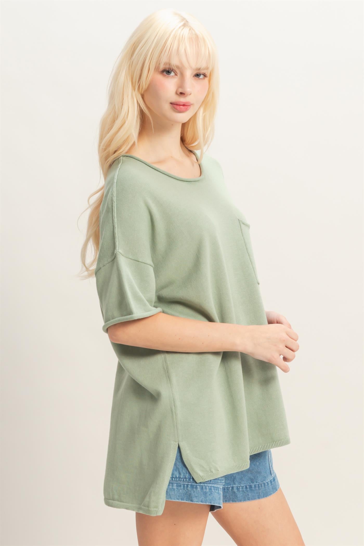 Wholesale Oversized Short Sleeve Round Neck Pocket Knit Top Clothing Tops DZ26A691 SAGE GREEN DOUBLE ZERO