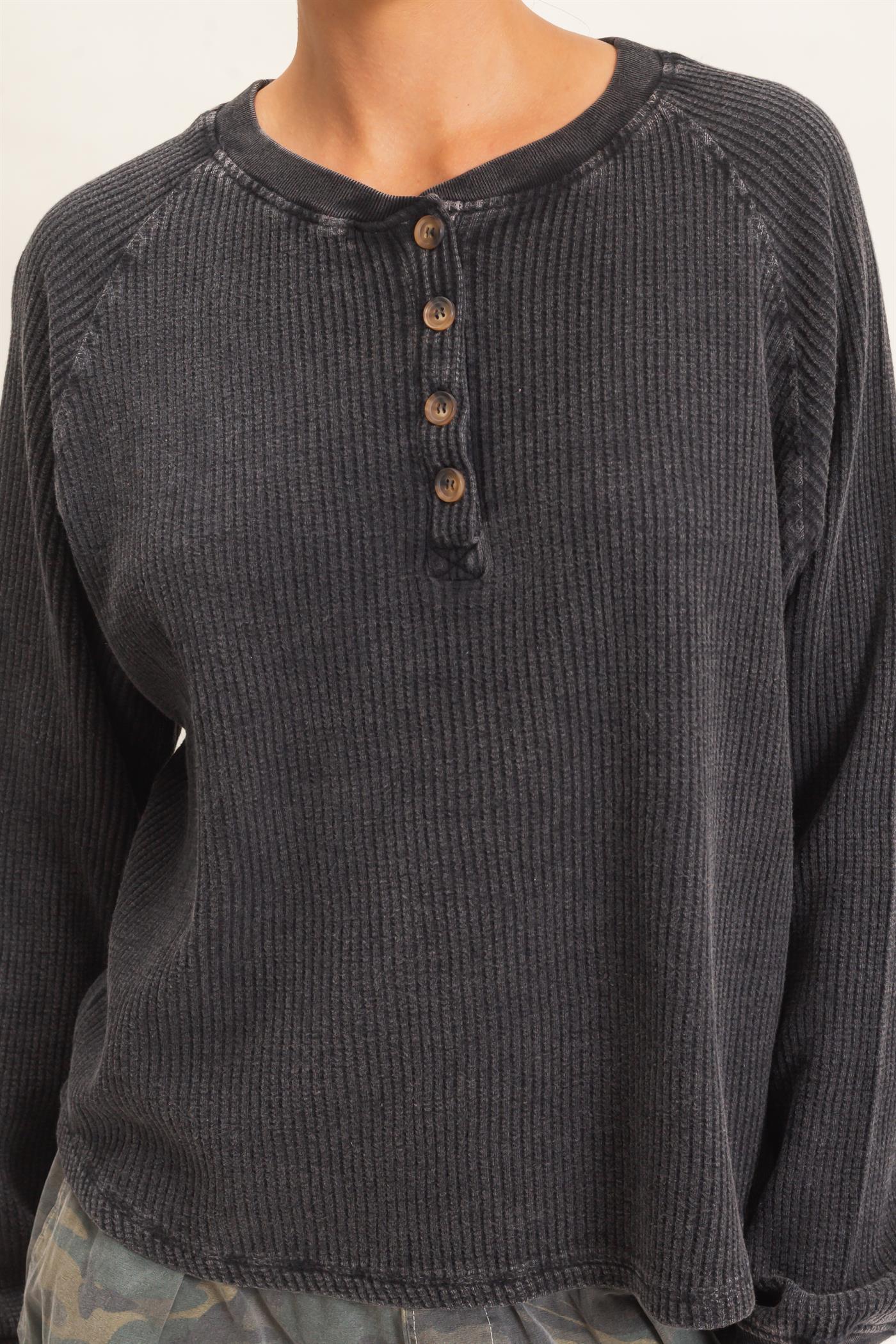 Wholesale Mineral Wash Waffle Knit Henley Top Sweatshirts DZ26E947 BLACK DOUBLE ZERO