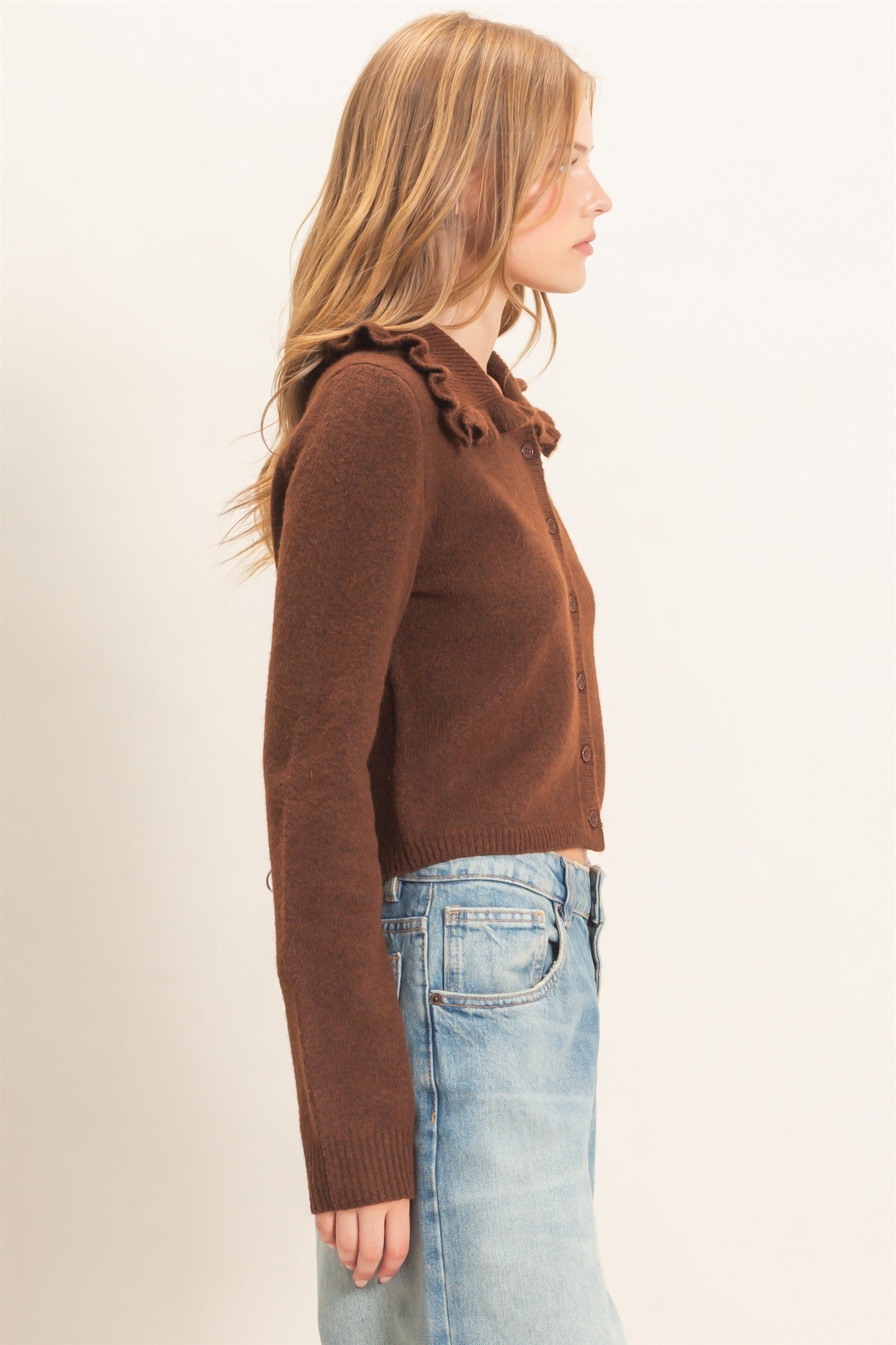 Wholesale Ruffled Collar Knit Cardigan Cardigans HF26E162-D CHOCOLATE HYFVE