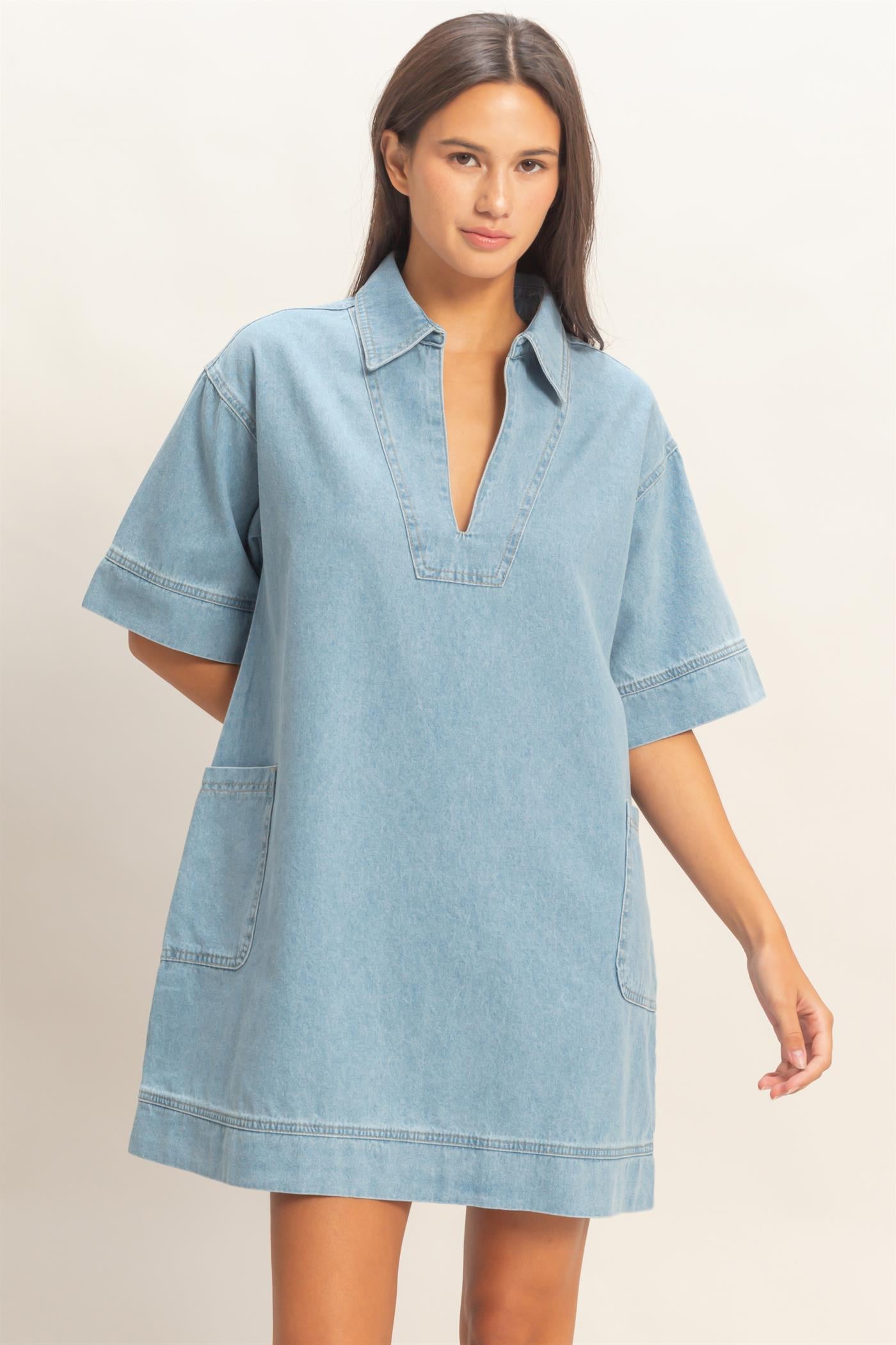 Wholesale Denim Collar Tunic Dress Dresses DZ25F163 LIGHT BLUE DOUBLE ZERO