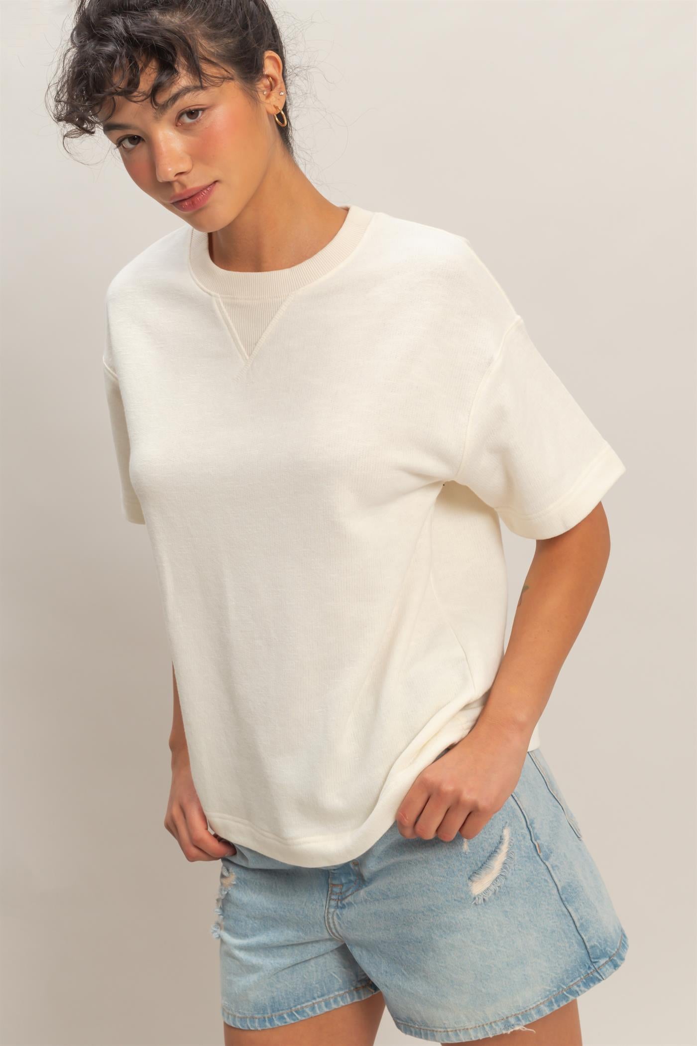 Wholesale Crew Neck Short Sleeve Top Clothing Tops DZ26A891 WHIP CREAM DOUBLE ZERO