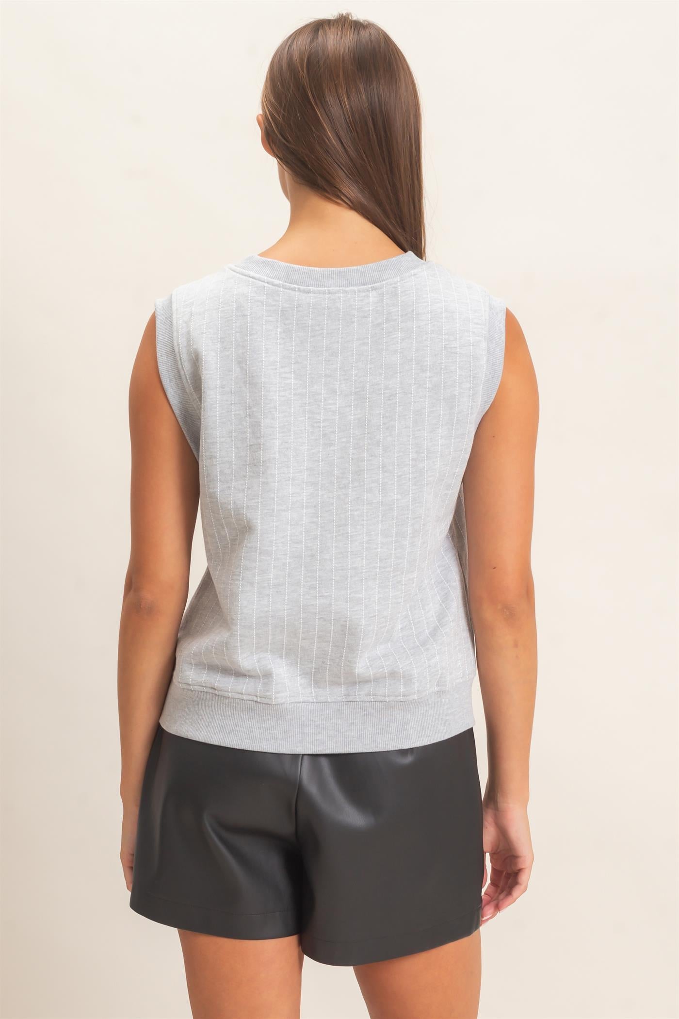 Wholesale V-Neck Pinstripe Sleeveless Top Clothing Tops DZ26E626 HEATHER GRAY DOUBLE ZERO