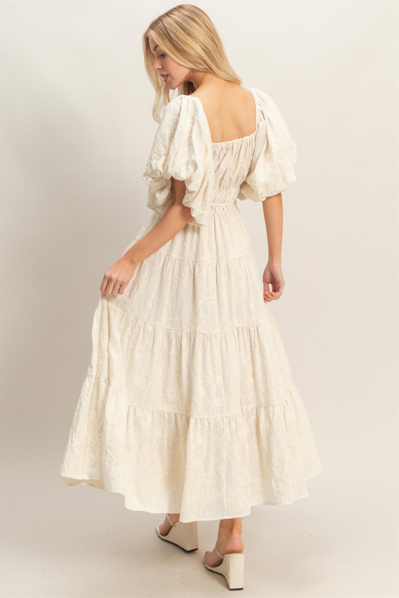 Wholesale Floral Puff Sleeve Midi Dress Dresses HF26C777-D CREAM HYFVE