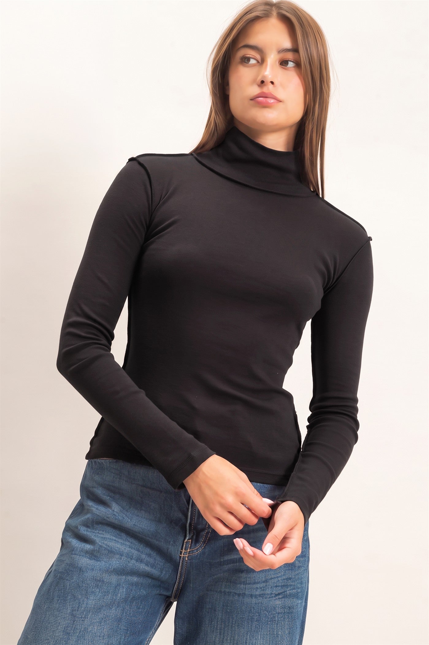 Wholesale Turtleneck Exposed Seam Long Sleeve Top Clothing Tops DZ26F241 BLACK HYFVE