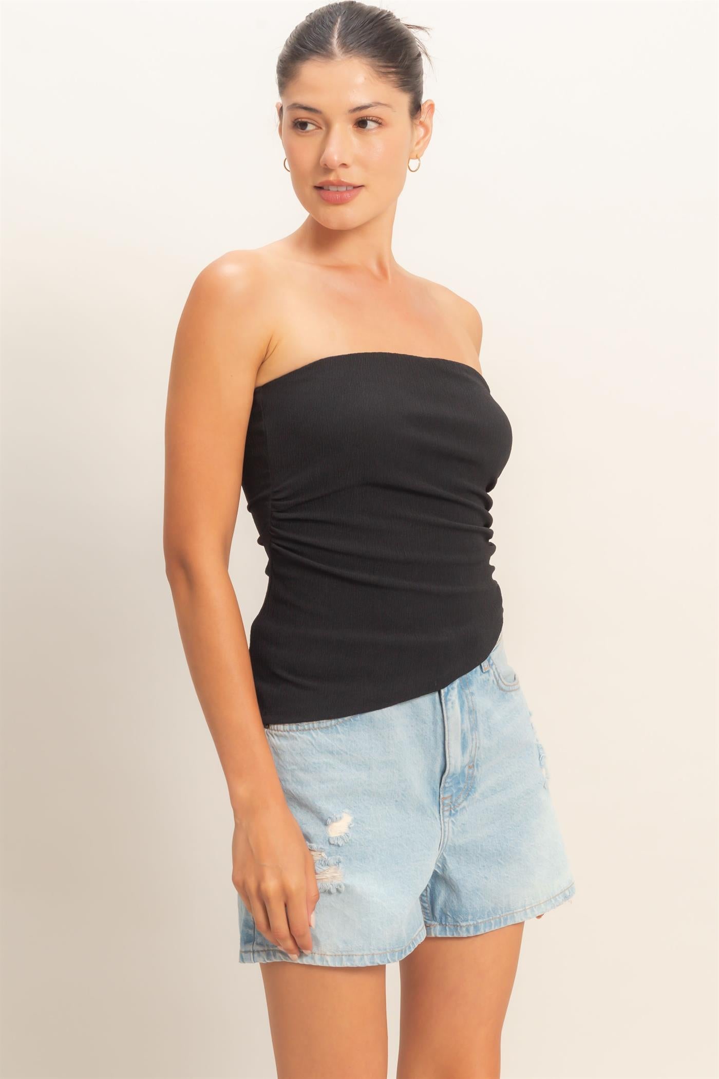Wholesale Asymmetrical Tube Top Clothing Tops HF26C180 BLACK HYFVE