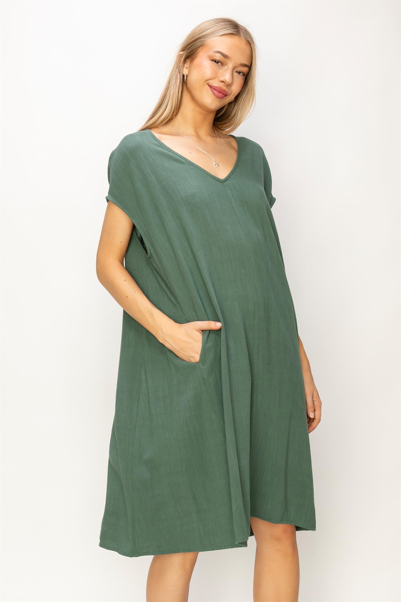 Wholesale V-Neck Oversized Linen Midi Dress Dresses DZ23E033-D GRAY GREEN DOUBLE ZERO