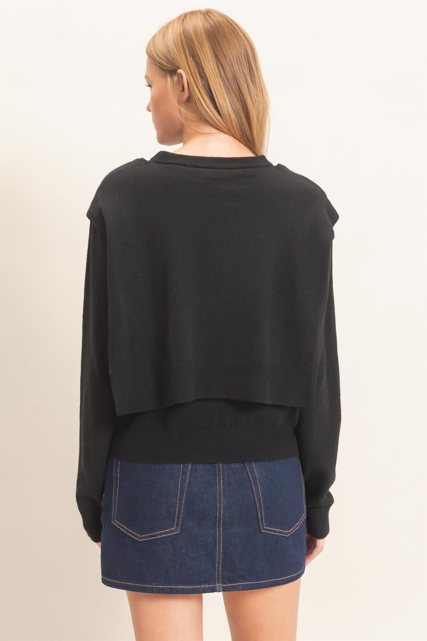 Wholesale Crew Neck Sweater With Faux Wrap Sweaters HF26E698 BLACK HYFVE