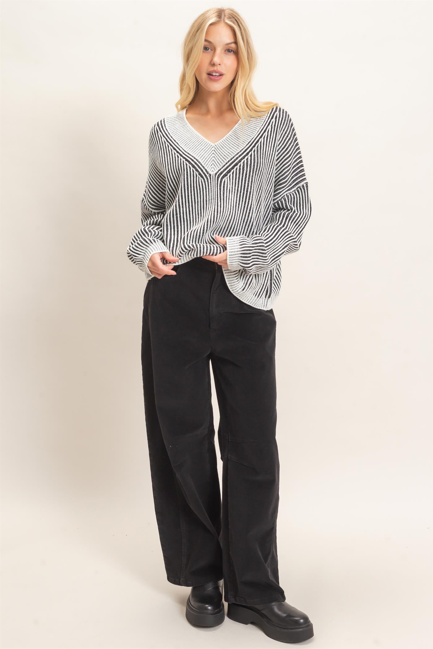 Wholesale Striped V-Neck Ribbed Sweater Sweaters HF26F202 BLACK HYFVE